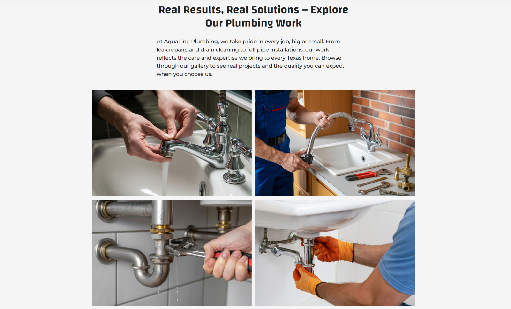 Project gallery titled “Real Results, Real Solutions – Explore Our Plumbing Work” showing four hands-on plumbing images including faucet installs, drain pipe repairs, and under-sink maintenance to highlight real job site expertise