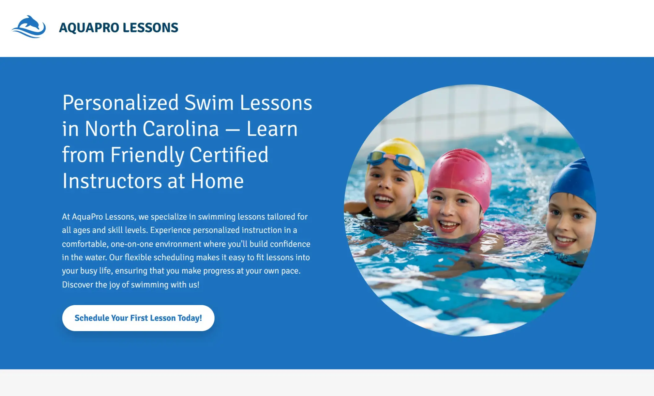 AquaPro Lessons' homepage featuring the image of three students swimming, company branding, call-to-action button, and a brief introduction of the company