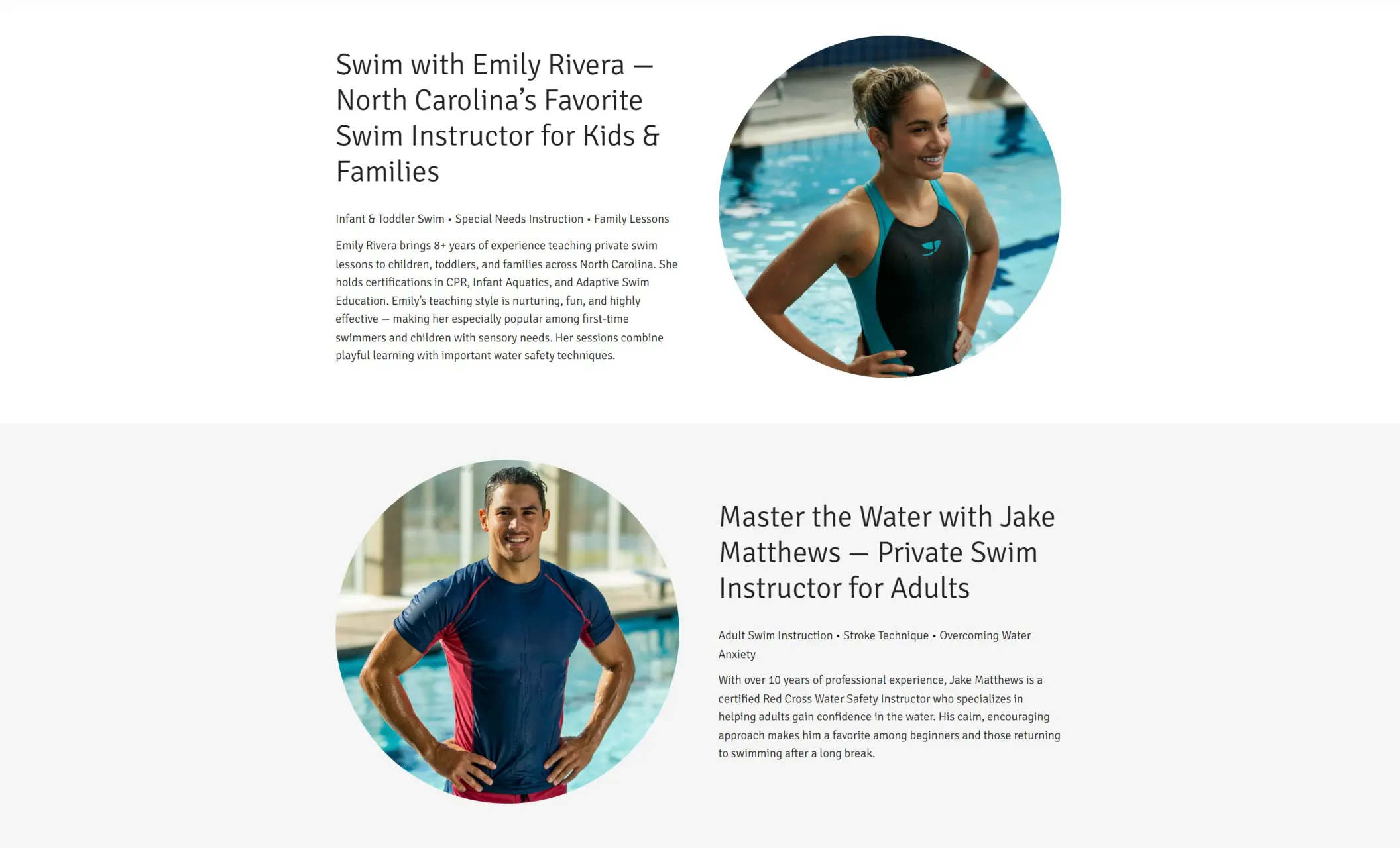 AquaPro Lessons' website displaying images and briefs introductions of their instructors