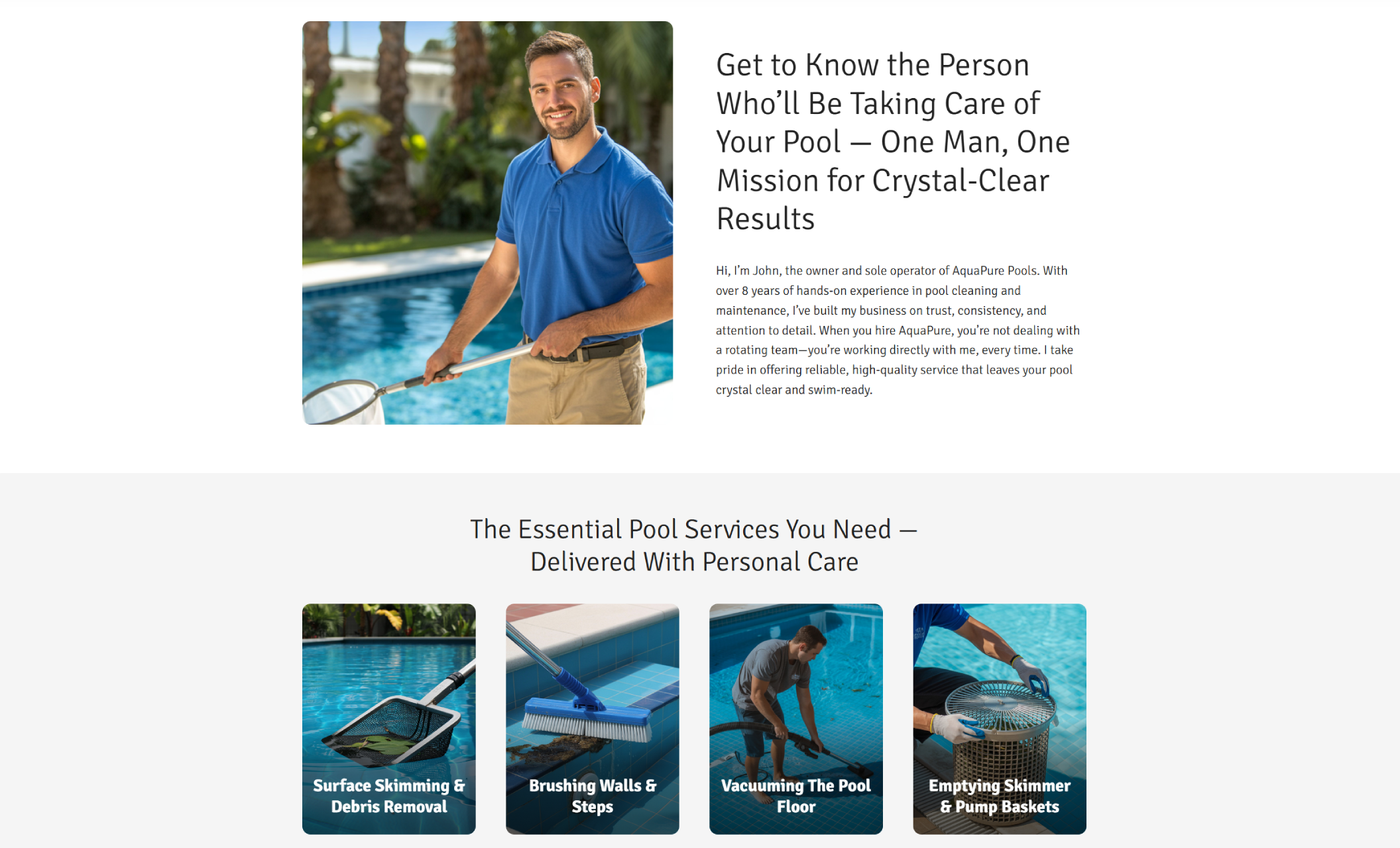 Row of service tiles featuring pool cleaning tasks like skimming, brushing walls, vacuuming, and emptying baskets, beneath the headline “The Essential Pool Services You Need — Delivered With Personal Care.”