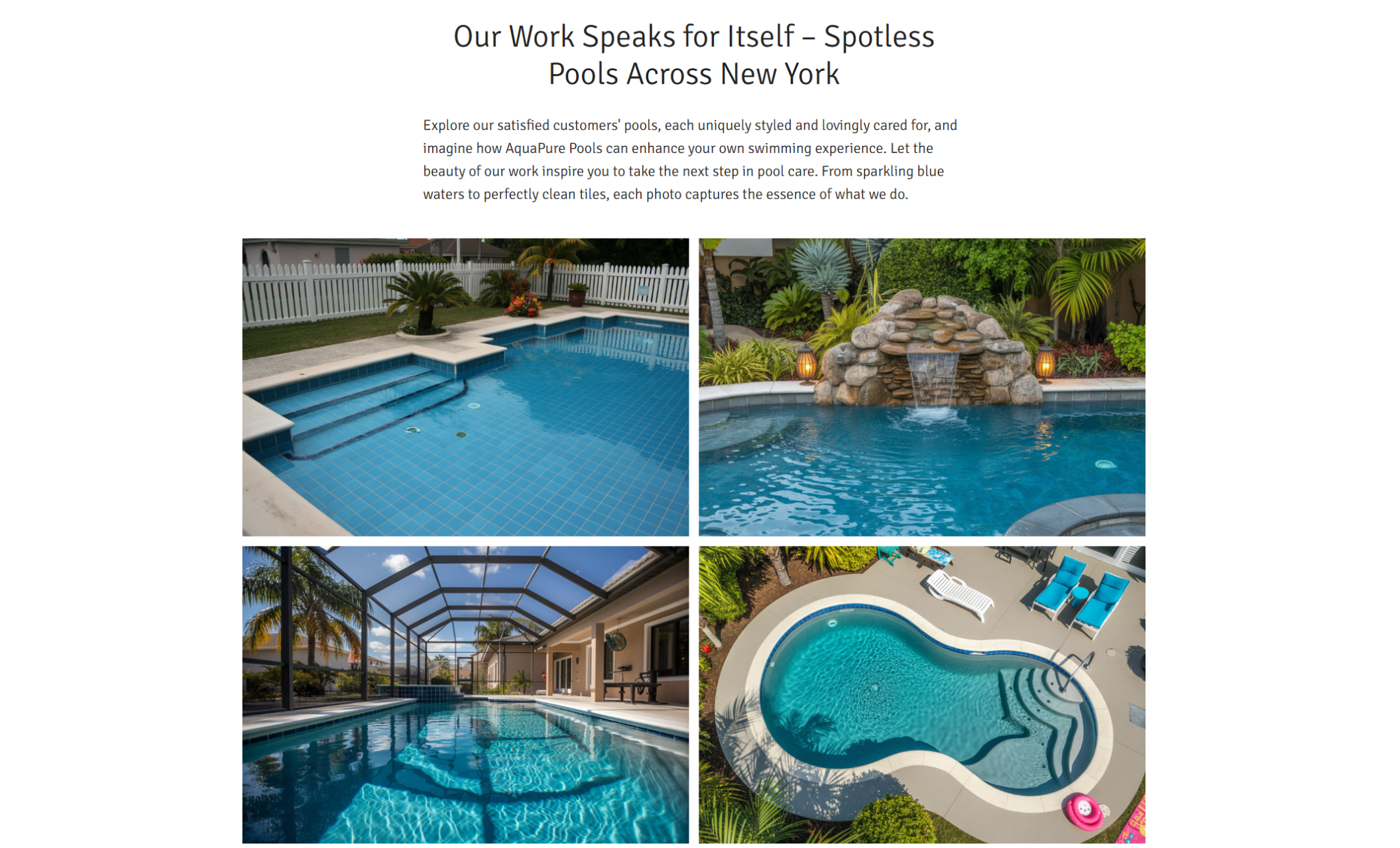 Four-photo grid showcasing pristine residential pools in New York, including a backyard pool with a waterfall feature, a white-tiled pool with palm trees, and two other spotless pools under sunny skies, beneath the headline “Our Work Speaks for Itself — Spotless Pools Across New York.”