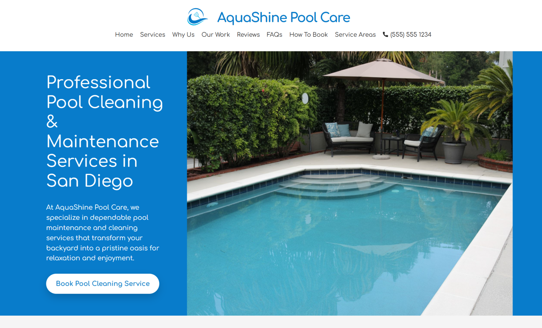 AquaShine Pool Care homepage featuring a backyard pool with patio seating beside the headline “Professional Pool Cleaning & Maintenance Services in San Diego” and a button that says “Book Pool Cleaning Service.”