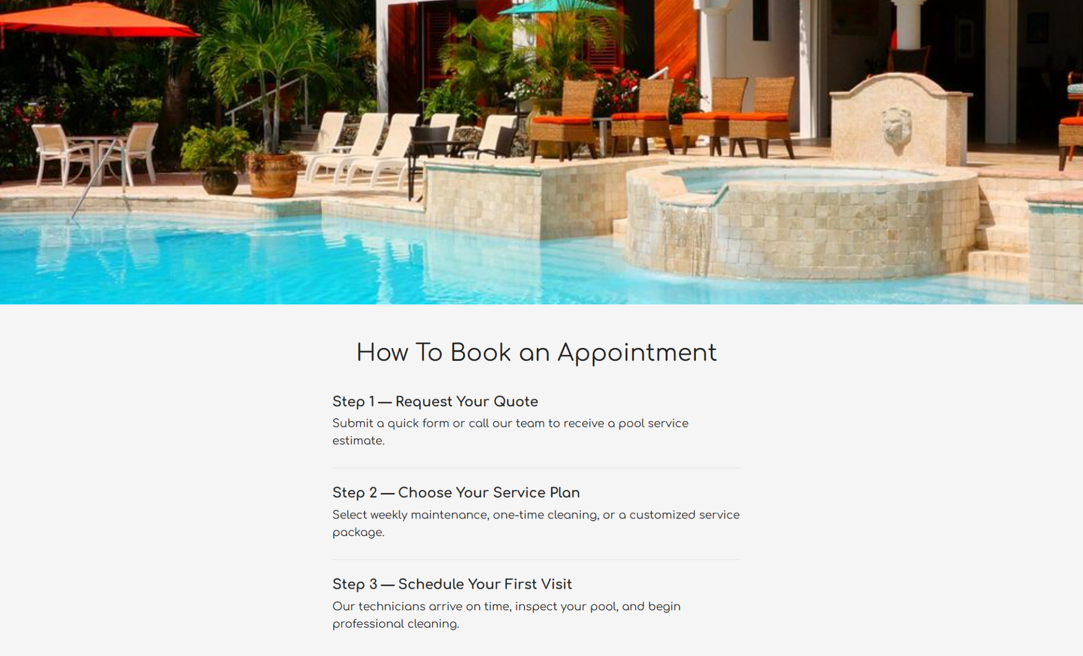AquaShine Pool Care booking steps section titled “How To Book an Appointment,” showing three steps—request a quote, choose a service plan, and schedule your first visit—over a luxury poolside background