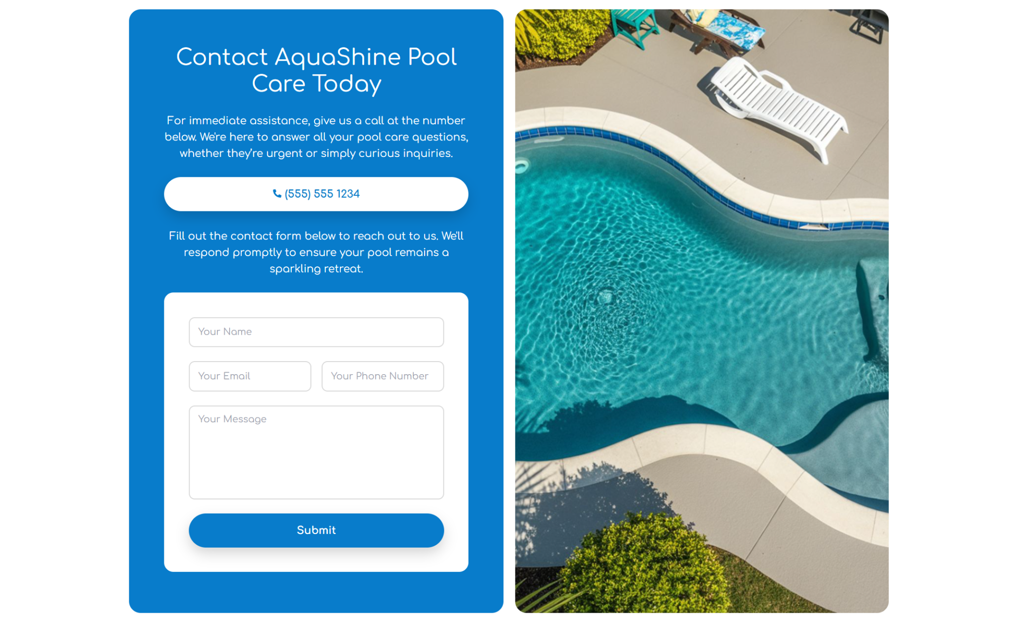 AquaShine Pool Care contact section featuring a blue panel with the headline “Contact AquaShine Pool Care Today,” a phone button, contact form fields, and an aerial view of a curved backyard pool