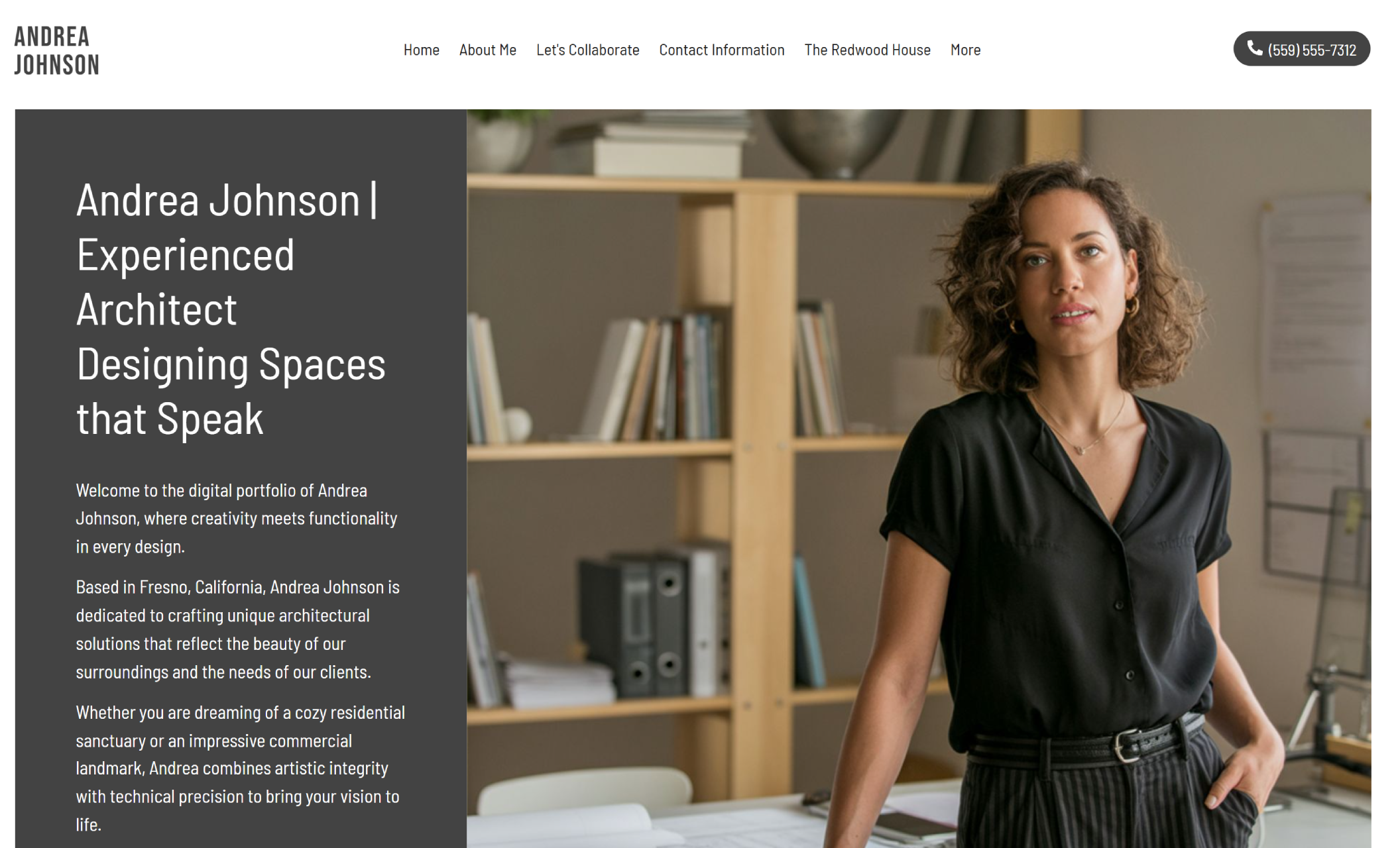 Andrea Johnson homepage featuring an architect standing confidently in a design studio beside the headline “Andrea Johnson | Experienced Architect Designing Spaces that Speak” with a short professional introduction and contact button