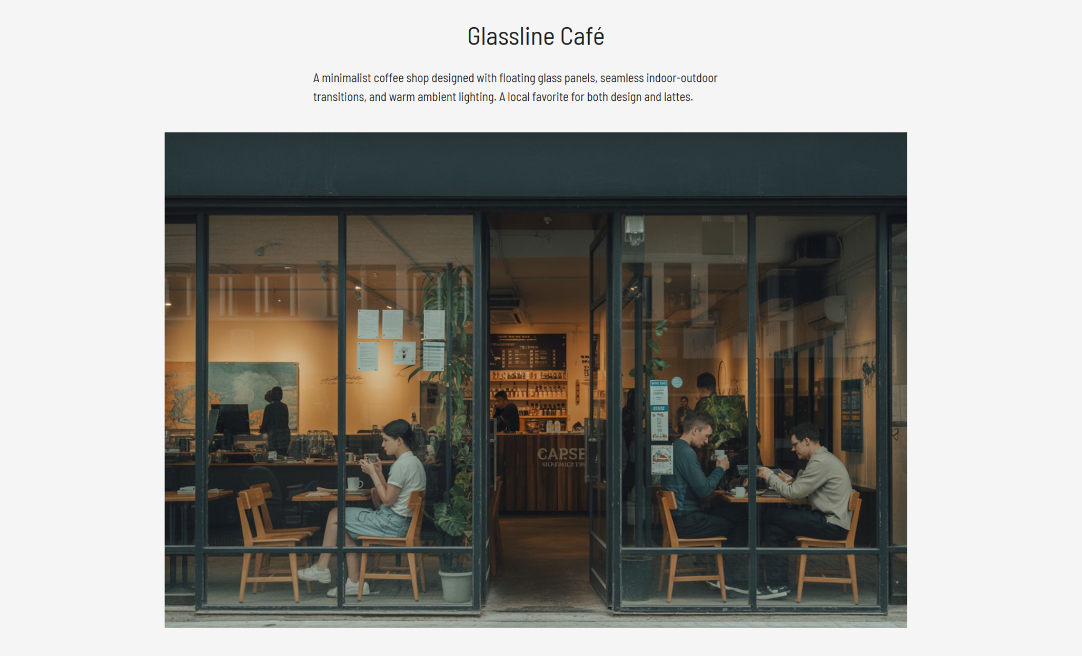 Architecture project section titled “Glassline Café” showing a warm, street-level photo of a minimalist coffee shop with glass walls, cozy wooden furniture, and customers enjoying drinks inside a softly lit interior