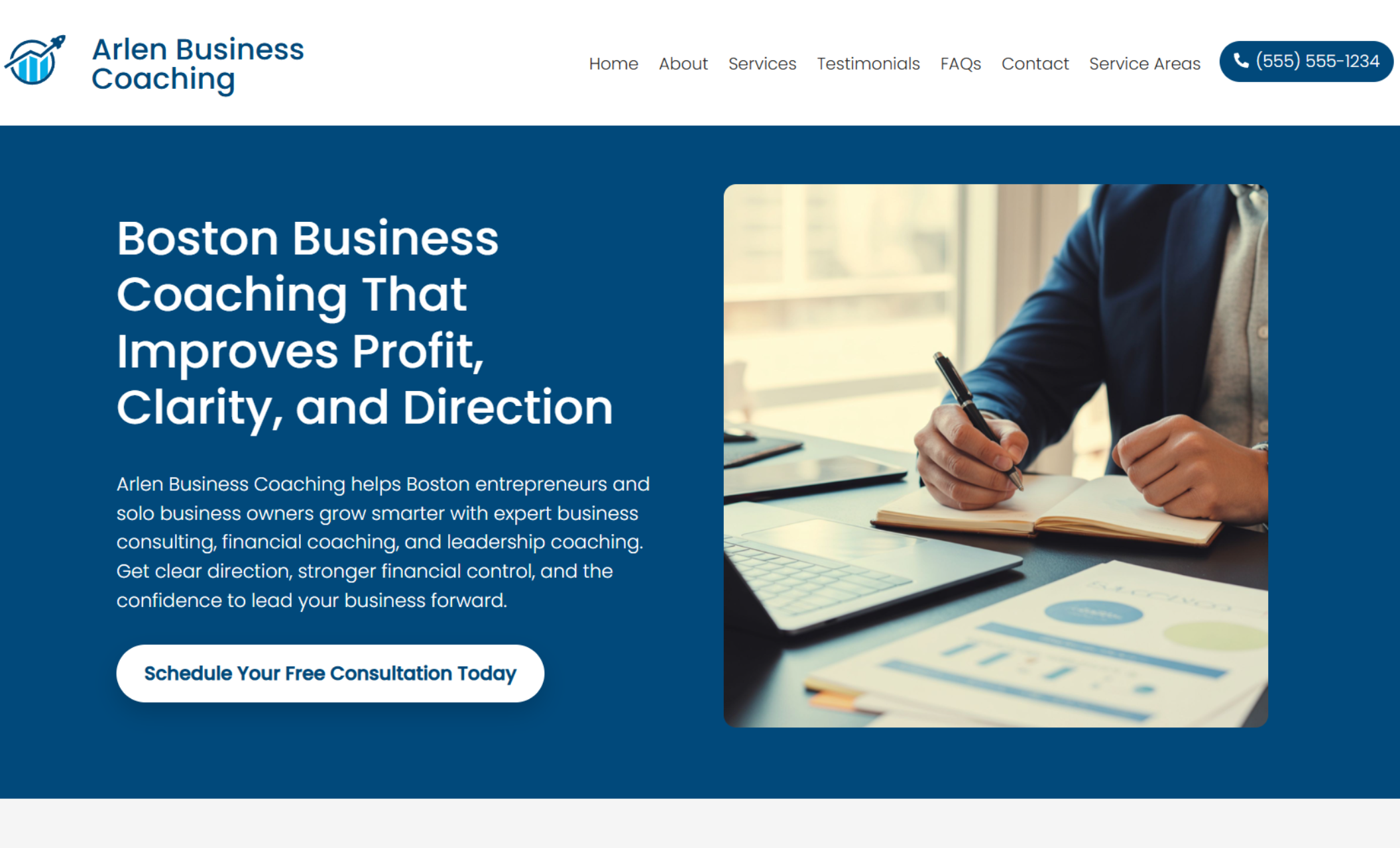 Arlen Business Coaching homepage featuring a bold blue layout with the headline “Boston Business Coaching That Improves Profit, Clarity, and Direction” alongside a consultation call-to-action button