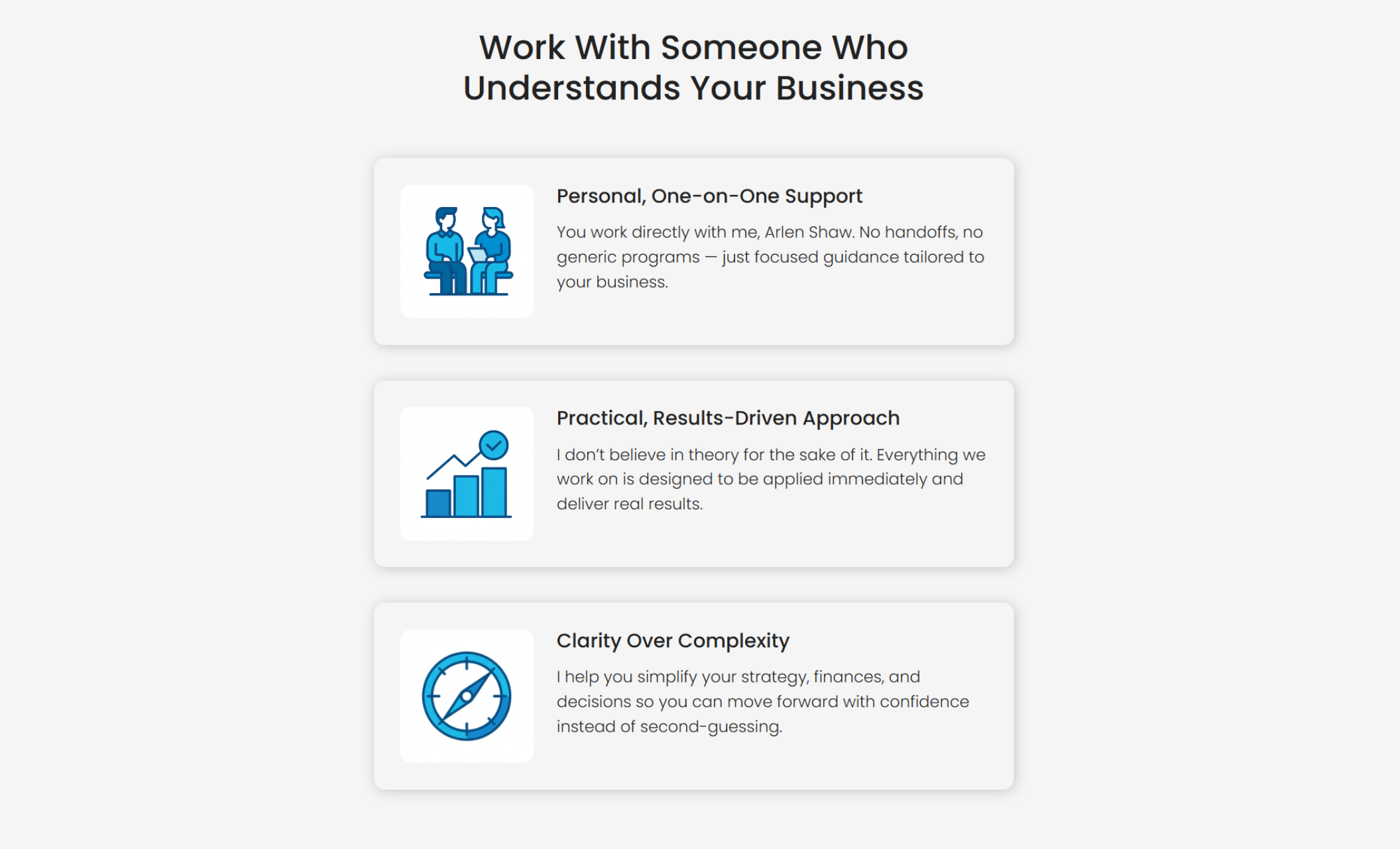 Arlen Business Coaching “Work With Someone Who Understands Your Business” section showcasing three service highlights: personal support, results-driven approach, and clarity-focused strategy with simple icon graphics