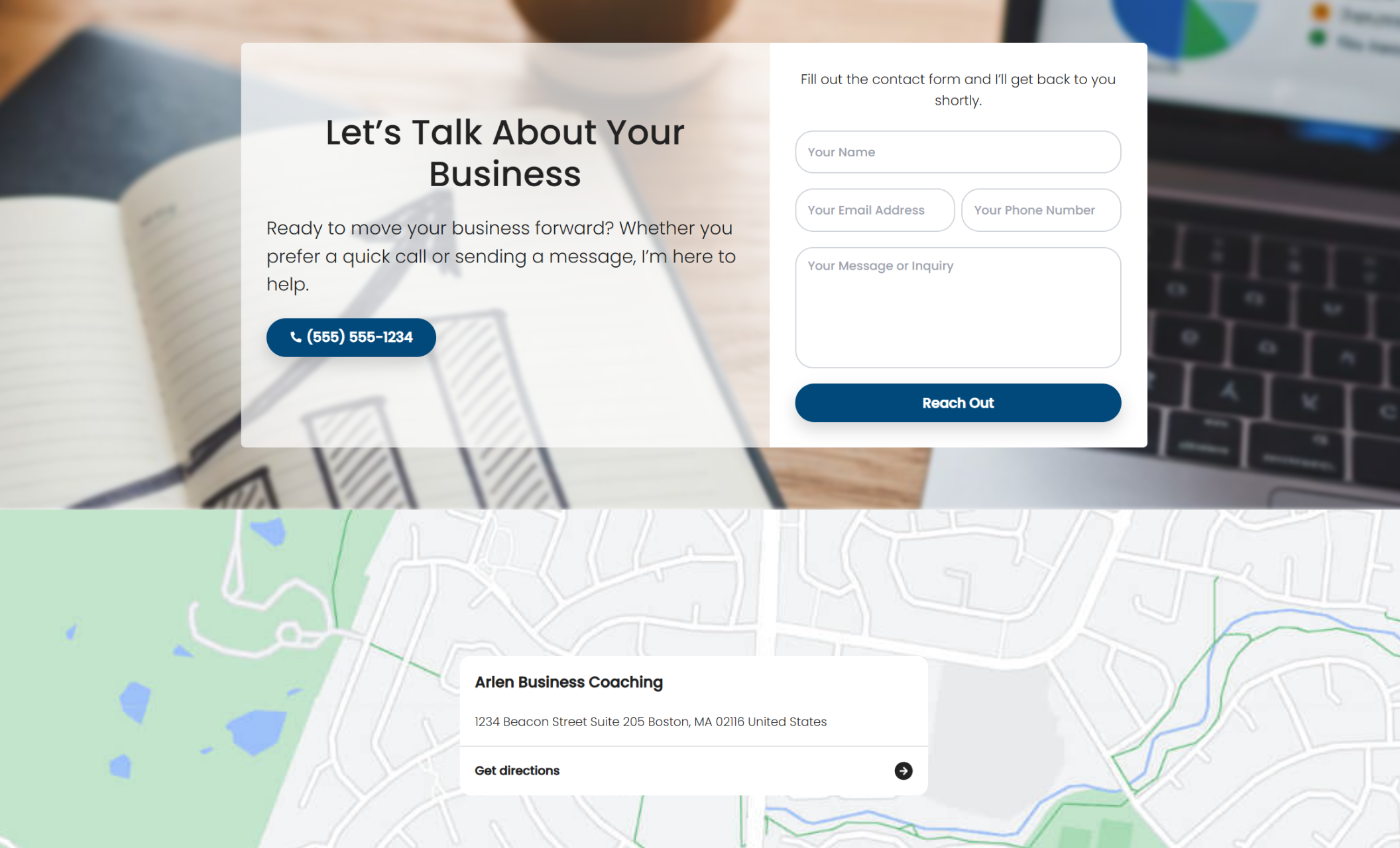 Arlen Business Coaching contact section featuring the headline “Let’s Talk About Your Business,” a phone call button, and a clean inquiry form beside a blurred workspace background