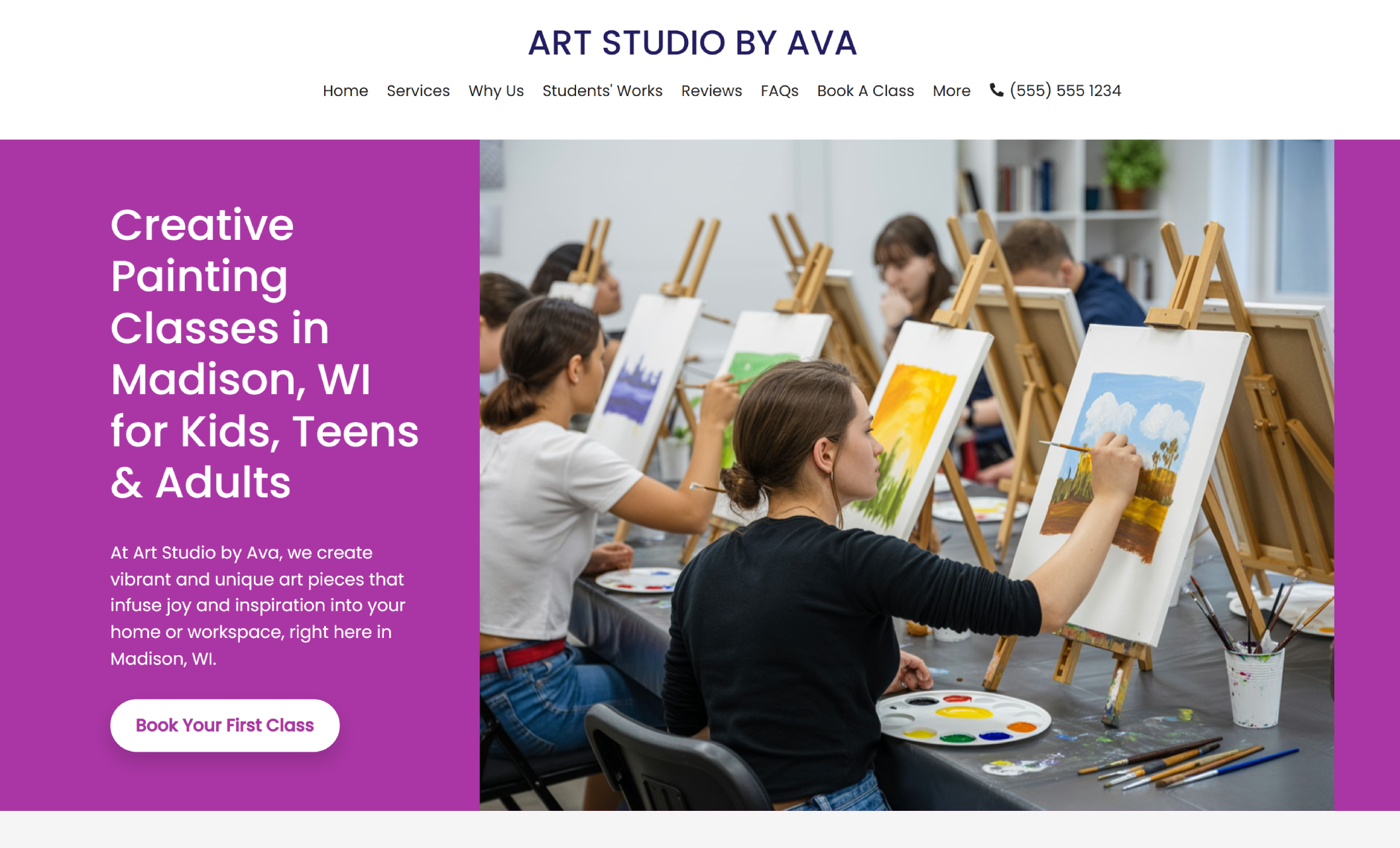Art Studio by Ava homepage featuring students painting at easels beside a purple panel with the headline about creative painting classes in Madison and a booking button