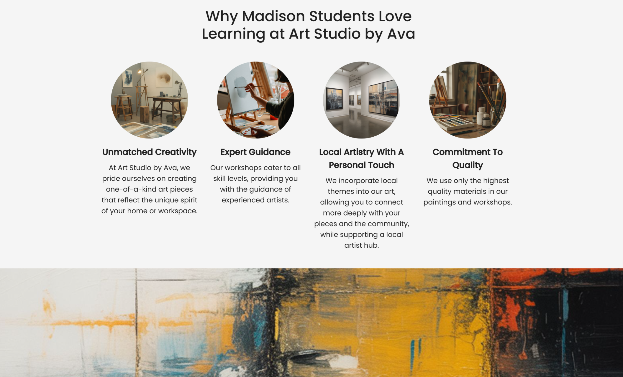 Art Studio by Ava features section showcasing circular images and descriptions emphasizing creativity, expert guidance, local artistry, and high-quality materials used in classes and workshops