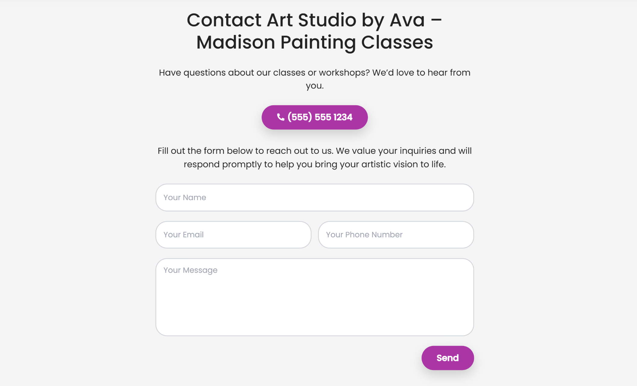 Art Studio by Ava contact page featuring a centered layout with a phone number button, inquiry form fields, and a message inviting visitors to reach out about classes