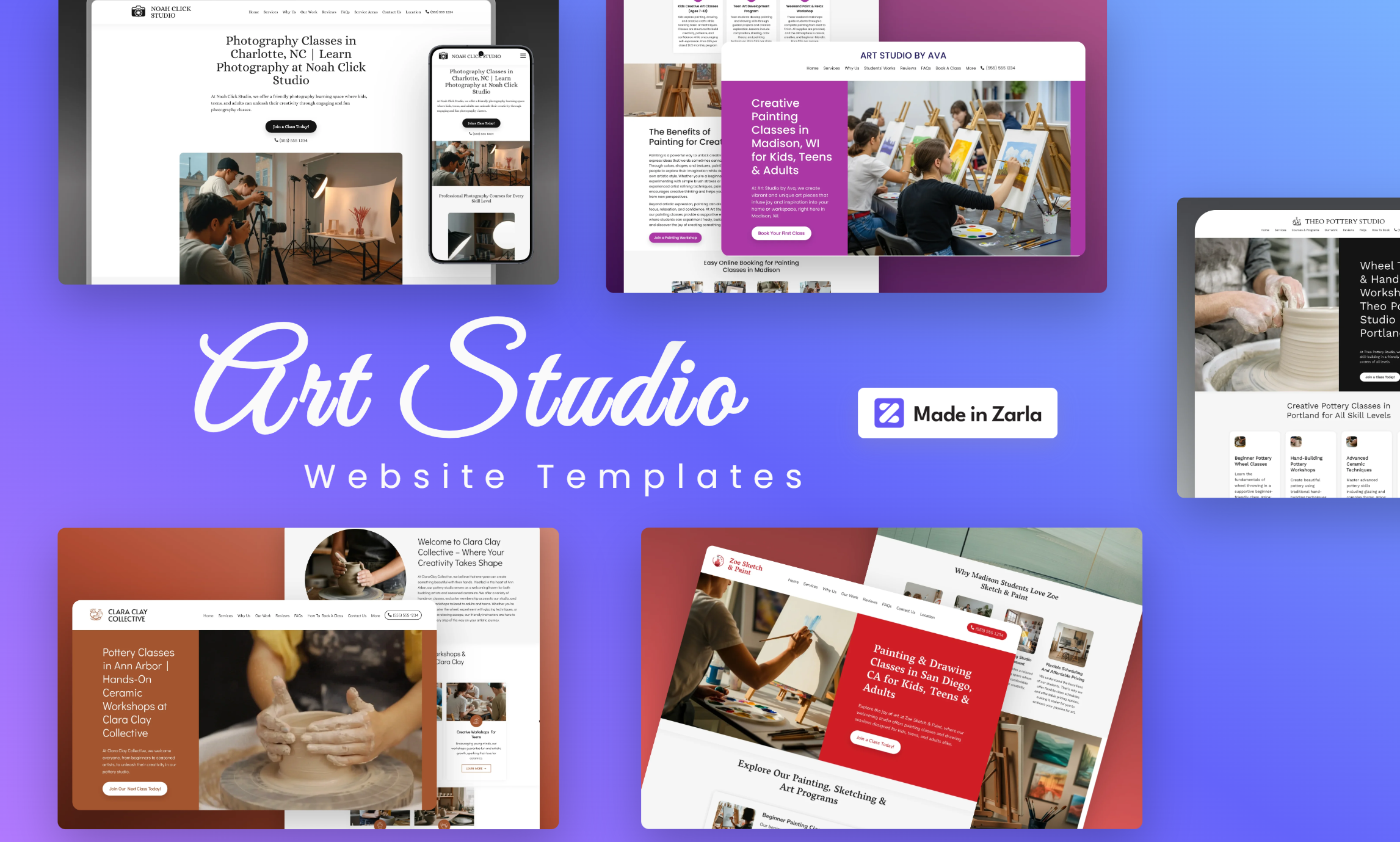 Collection of art studio website templates created with Zarla