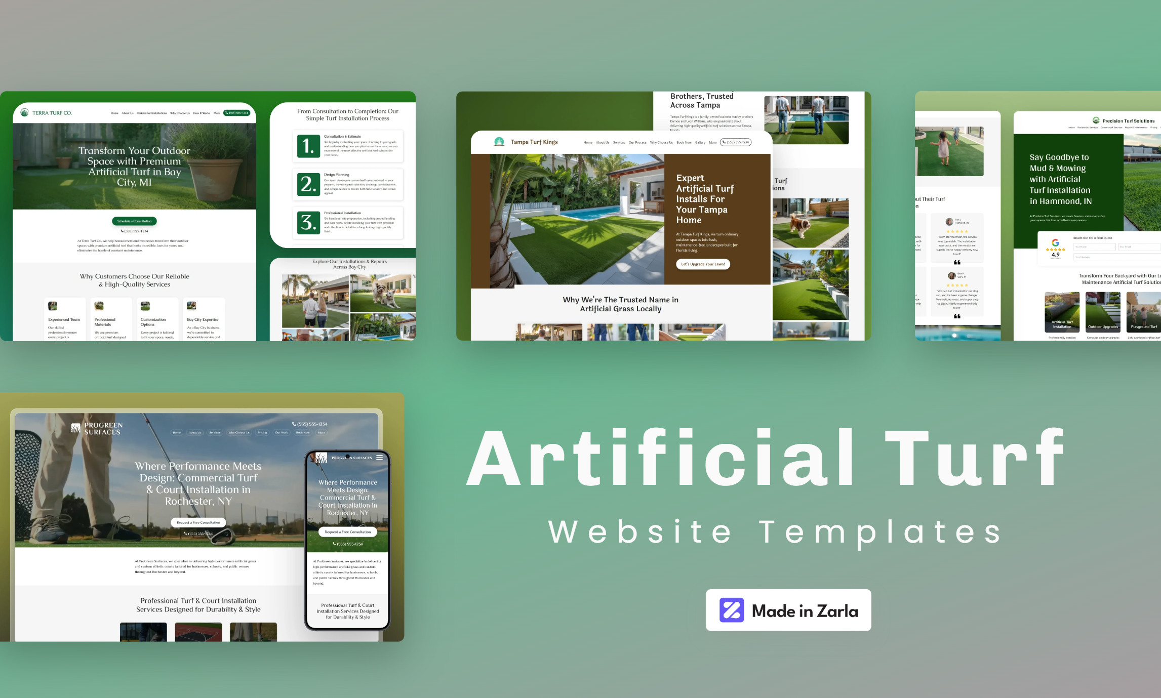 Collection of artificial turf website templates created with Zarla