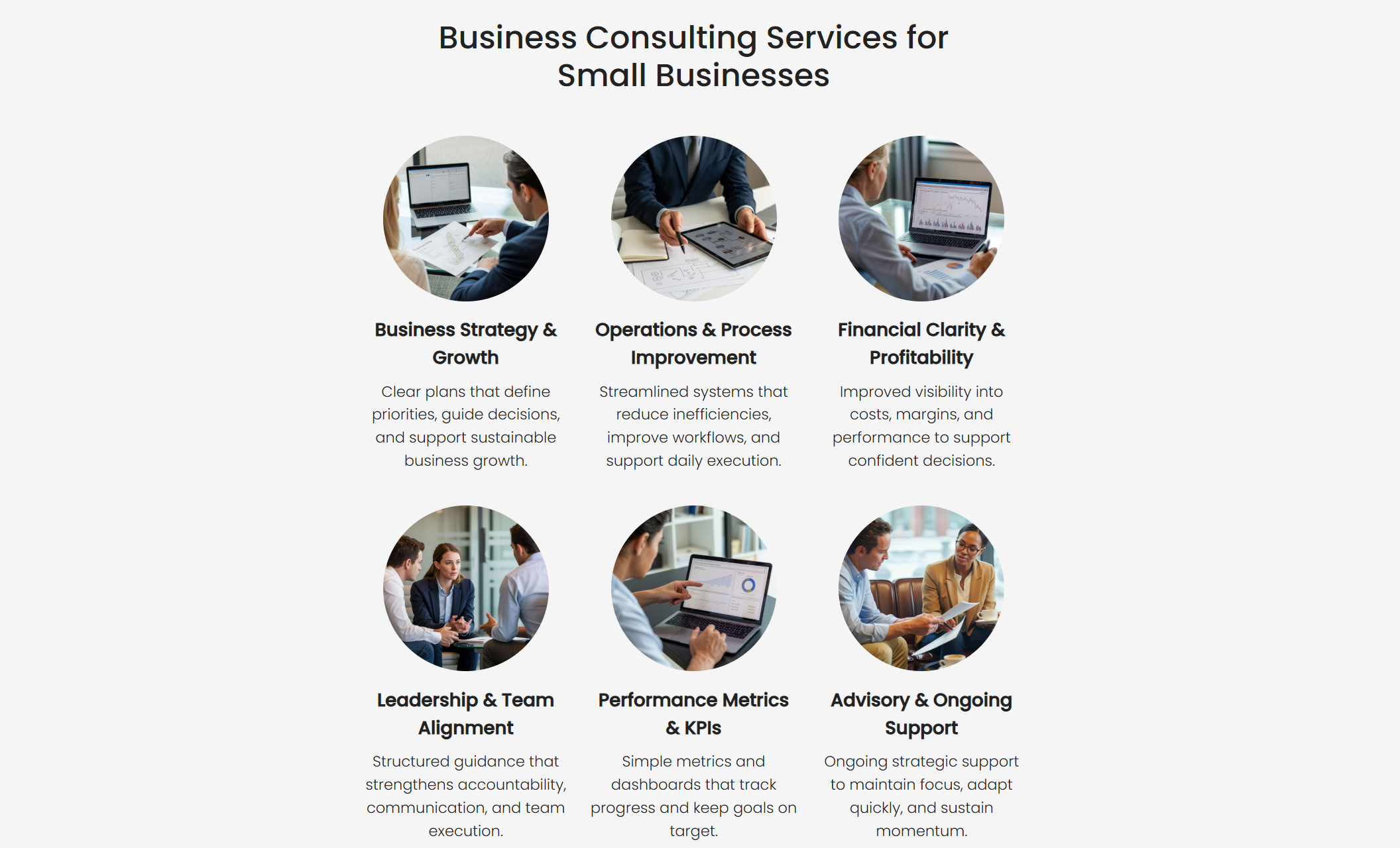 Ascend Advisory services section displaying six circular images labeled Business Strategy & Growth, Operations & Process Improvement, Financial Clarity & Profitability, Leadership & Team Alignment, Performance Metrics & KPIs, and Advisory & Ongoing Support