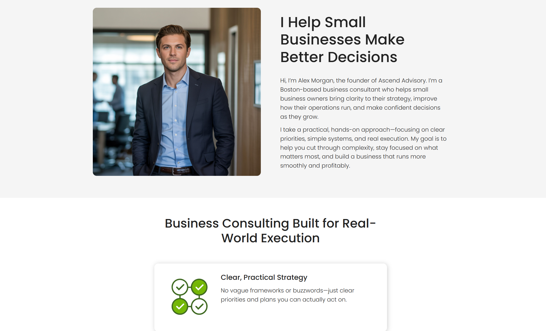 Ascend Advisory about section featuring a professional consultant standing in a modern office beside the headline “I Help Small Businesses Make Better Decisions” and an introductory paragraph about hands-on, practical consulting