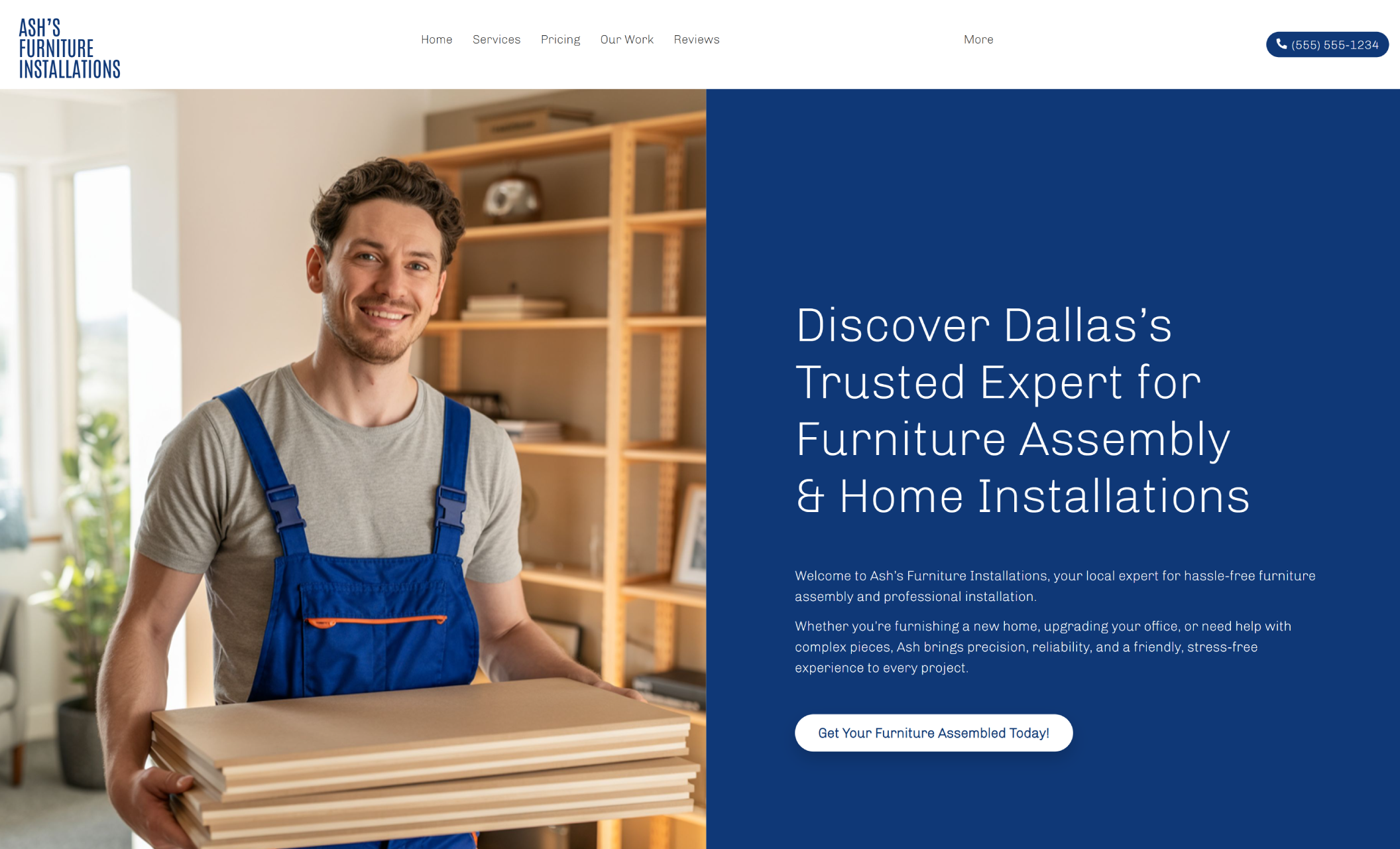 Ash’s Furniture Installations homepage displaying a smiling technician in blue overalls holding stacked wood panels beside a bold blue panel with the headline ‘Discover Dallas’s Trusted Expert for Furniture Assembly & Home Installations.’