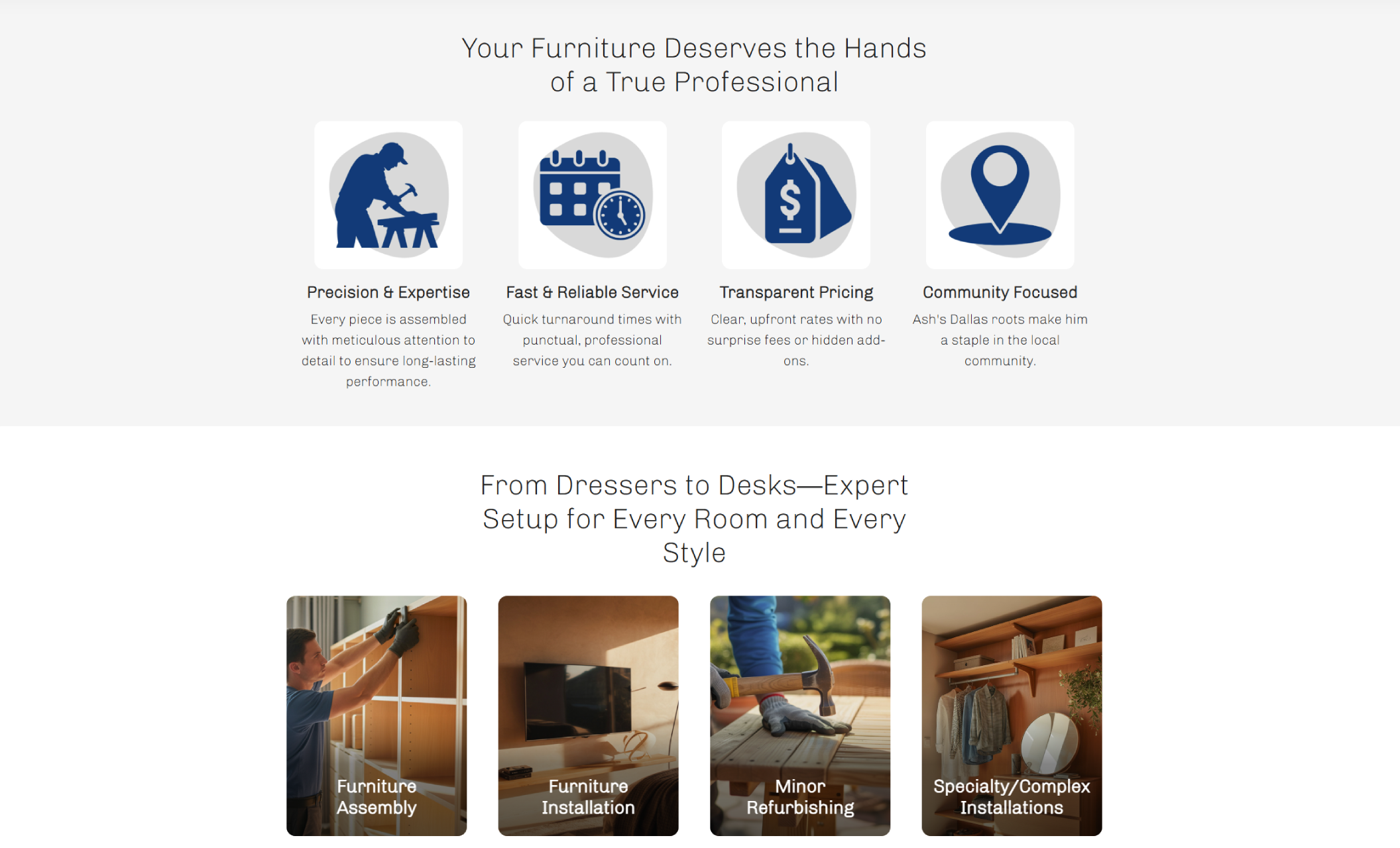 Ash’s Furniture Installations services section featuring illustrated icons for precision, reliability, transparent pricing, and community focus above a row of service thumbnails for assembly, installation, minor refurbishing, and specialty builds