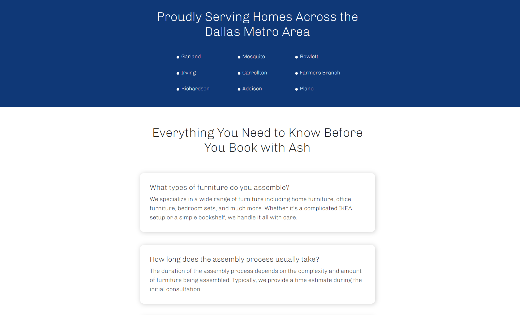 Ash’s Furniture Installations service area section showing a deep blue banner listing Dallas metro cities served, followed by FAQ cards answering common questions about furniture assembly.