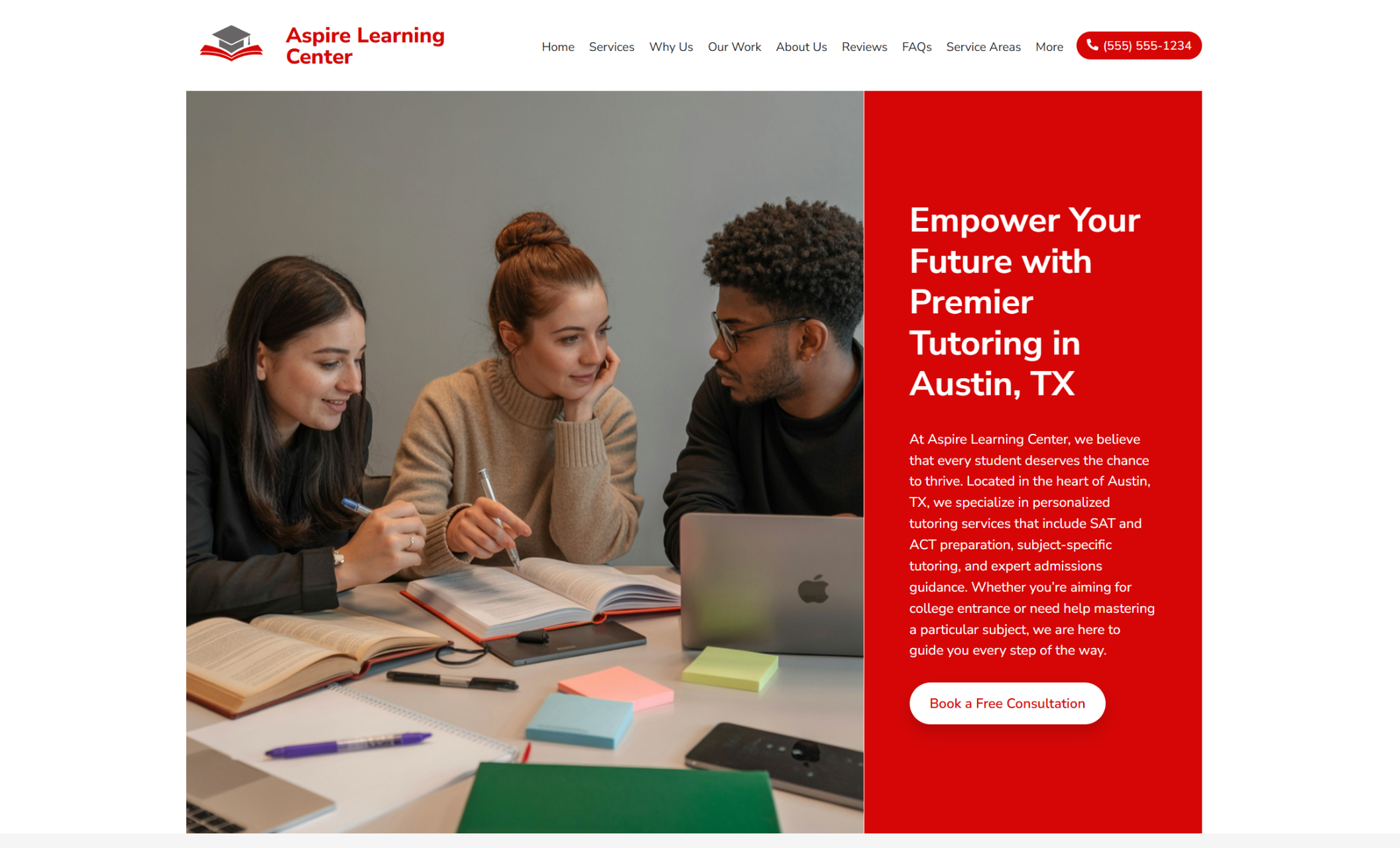 Aspire Learning Center homepage banner with two women and a man studying together at a table full of open books, colorful sticky notes, and a laptop, beside the red panel headline “Empower Your Future with Premier Tutoring in Austin, TX” and a red button that says “Book a Free Consultation.”