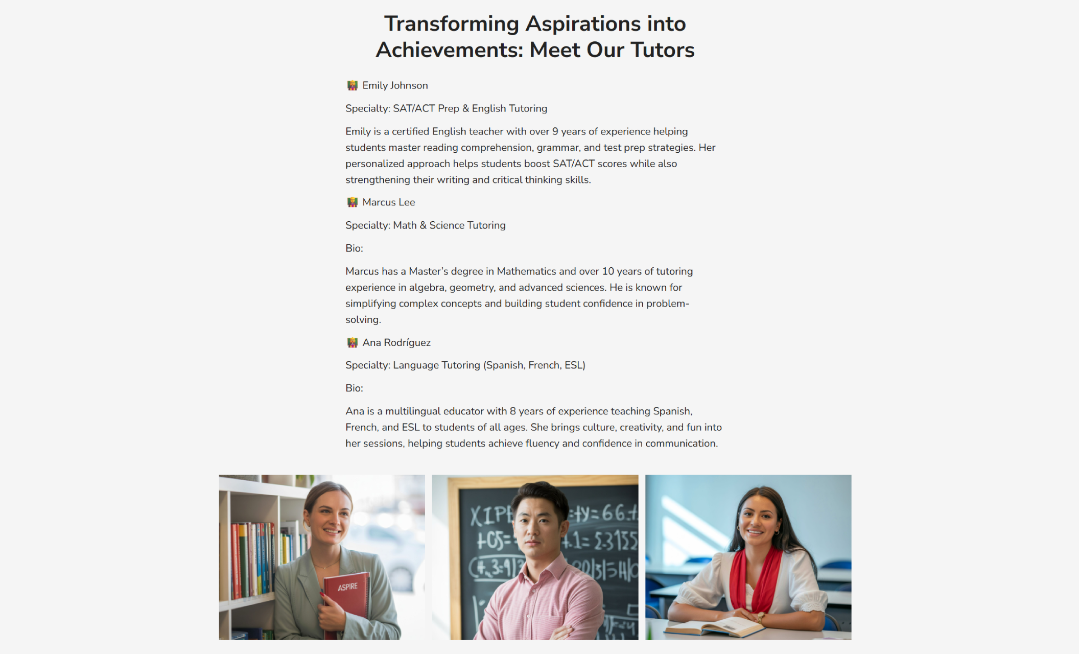 Aspire Learning Center tutor bios section introducing Emily Johnson, Marcus Lee, and Ana Rodríguez with text about their specialties in English, math, science, Spanish, French, and ESL, paired with headshots of each tutor smiling in professional settings