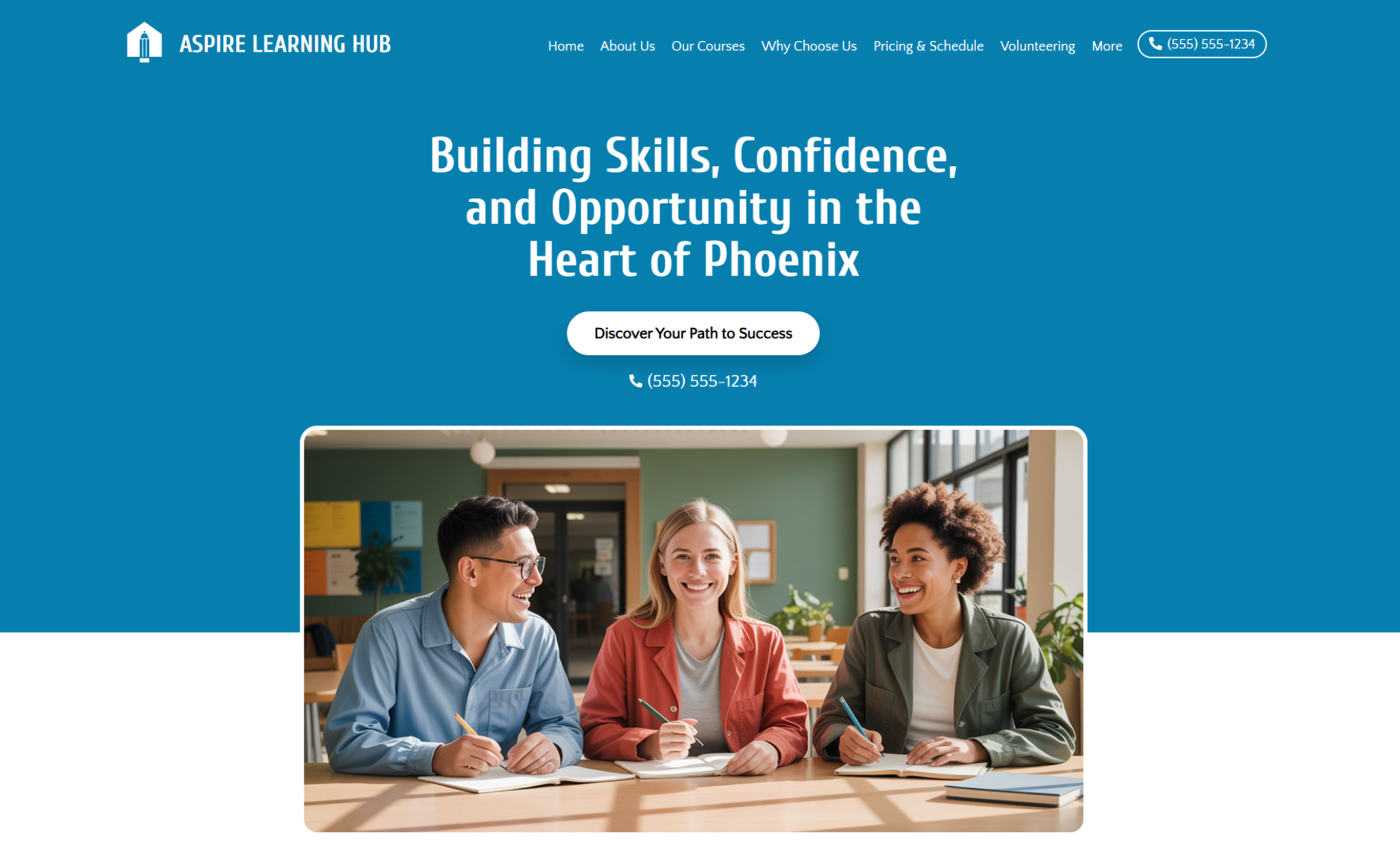 Aspire Learning Hub homepage featuring three adult learners seated at a table with notebooks and pencils beneath the headline “Building Skills, Confidence, and Opportunity in the Heart of Phoenix” and a button labeled “Discover Your Path to Success.”