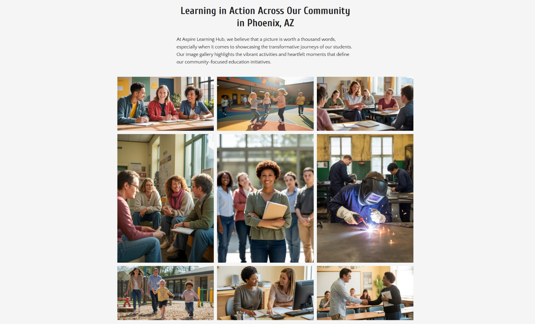 Aspire Learning Hub gallery section displaying a grid of photos showing adults and children learning, collaborating, and participating in vocational and classroom activities across Phoenix, AZ