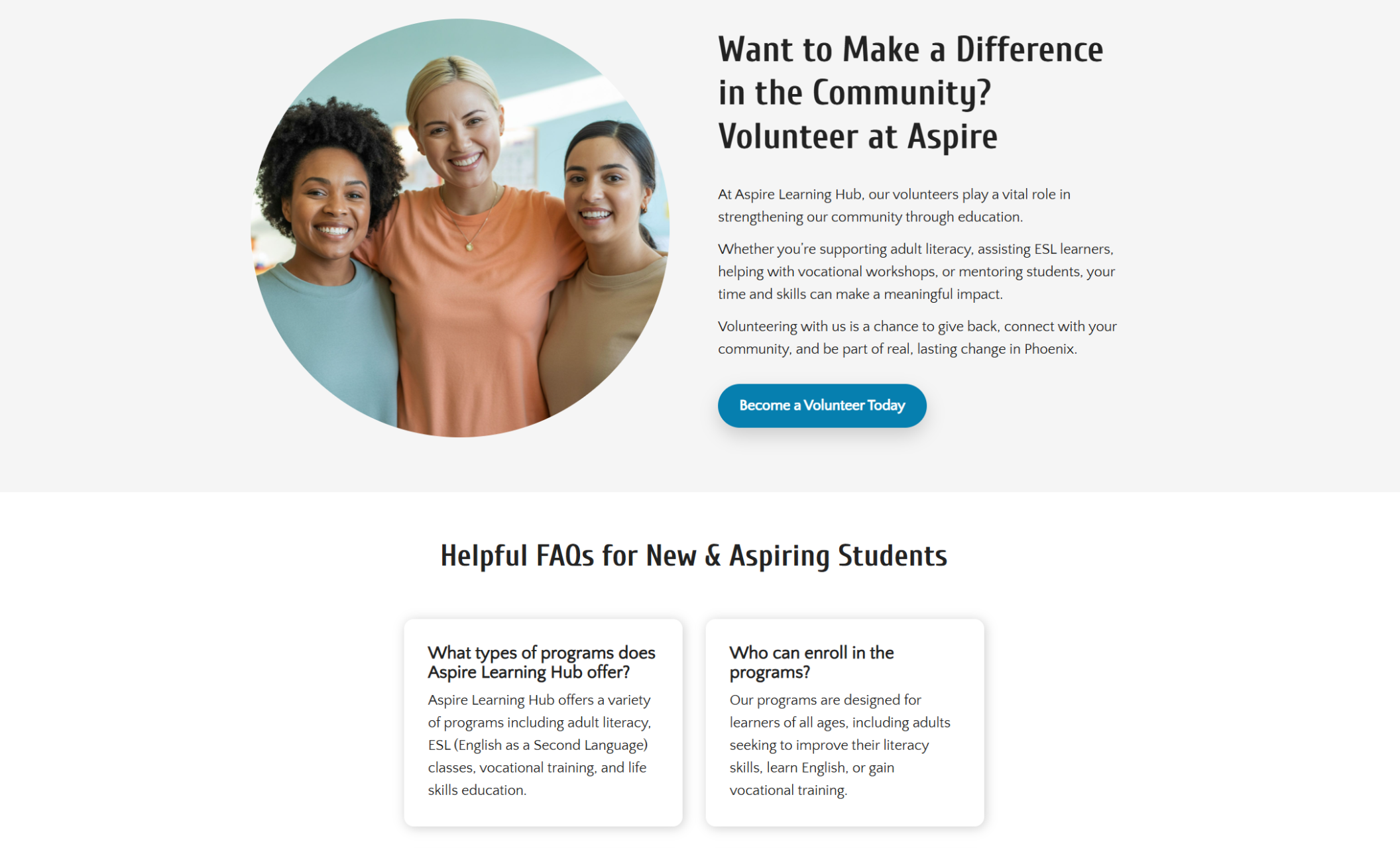 Aspire Learning Hub webpage section showing three diverse women smiling together beside a call-to-action headline encouraging visitors to volunteer and support community education in Phoenix