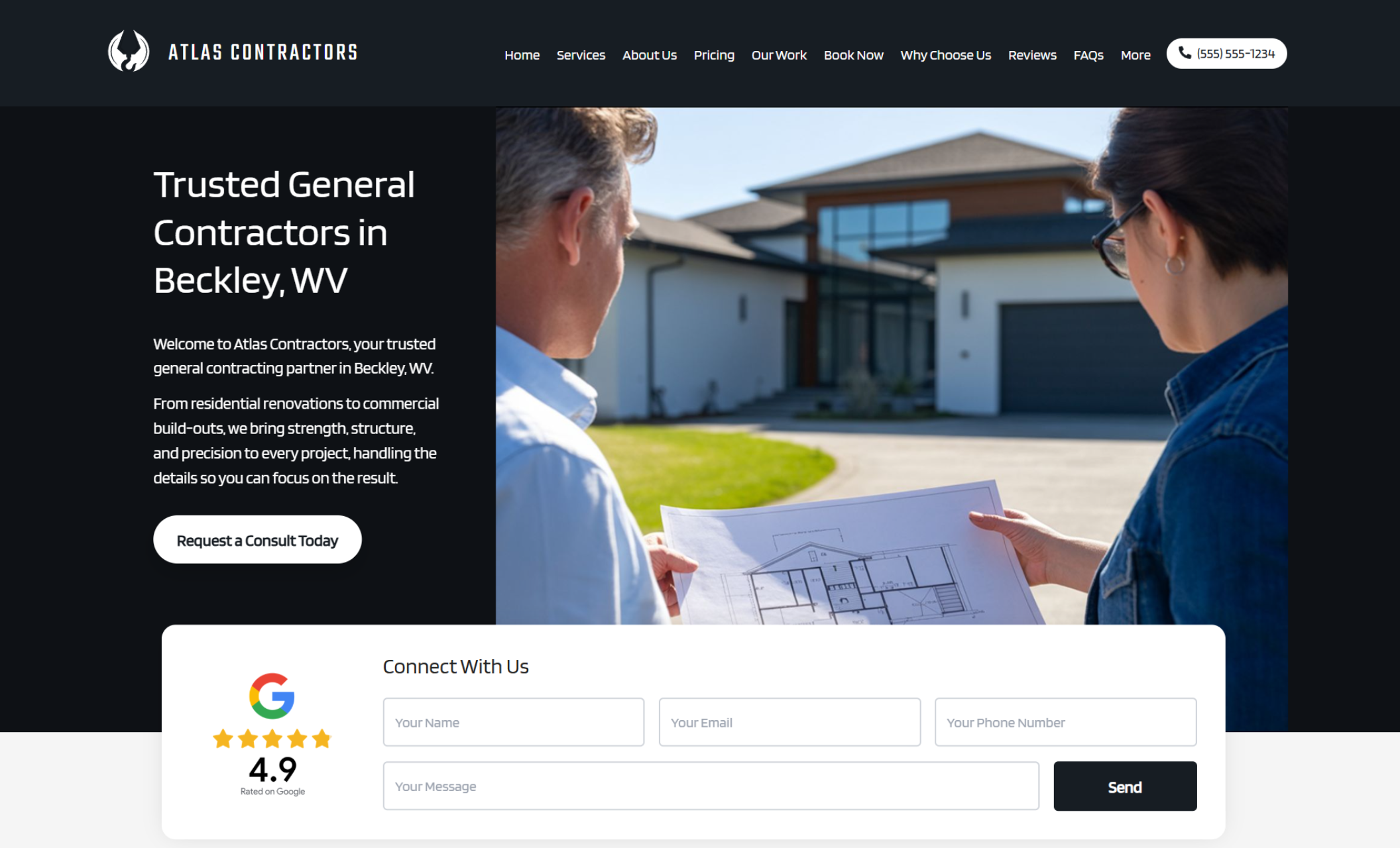 Atlas Contractors homepage hero section showing two people reviewing architectural plans in front of a modern home, paired with the headline “Trusted General Contractors in Beckley, WV,” a black “Request a Consult Today” button, and a contact form with a 4.9 Google rating