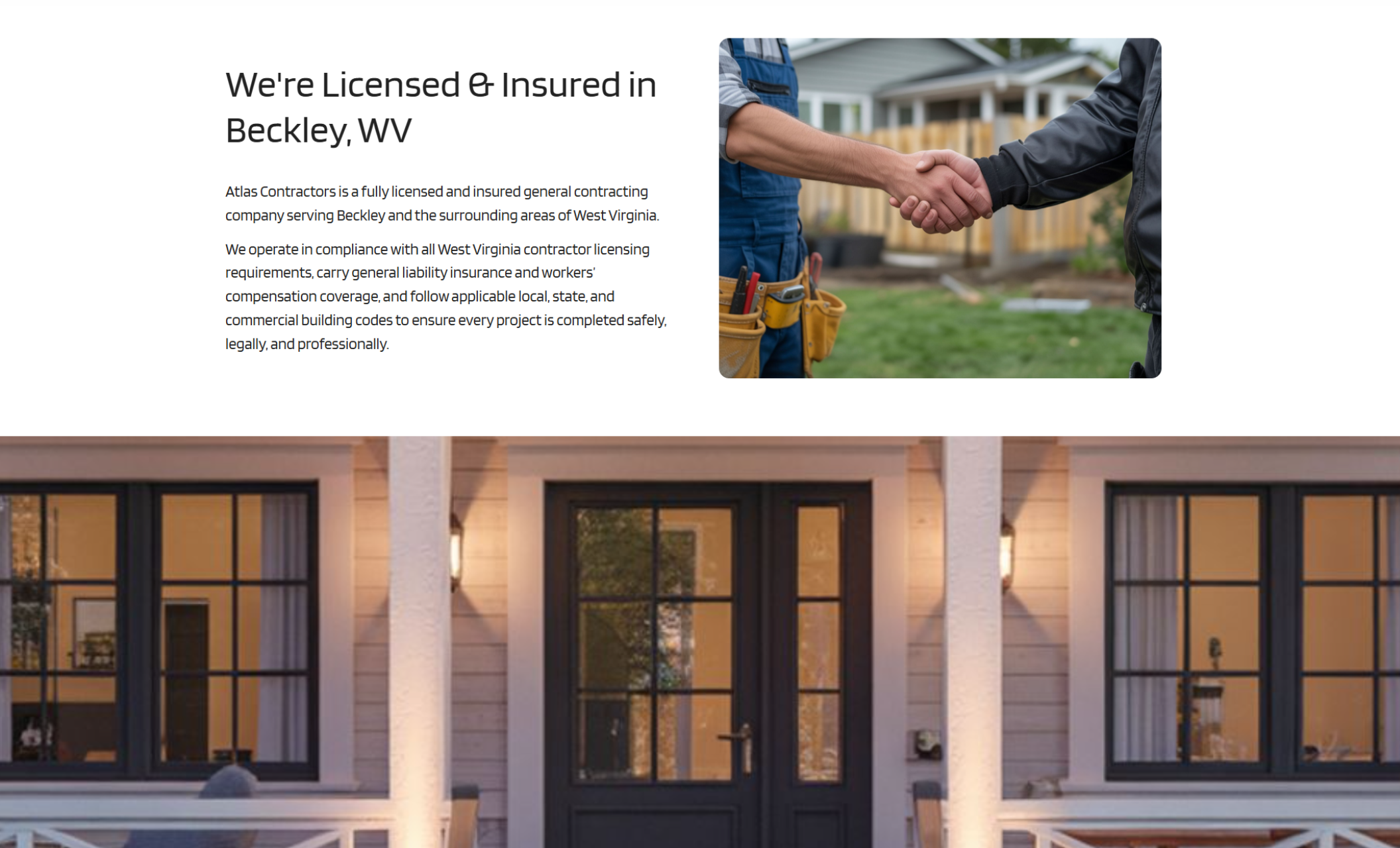 Atlas Contractors licensing and insurance section featuring a handshake between two professionals in workwear beside the headline “We’re Licensed & Insured in Beckley, WV” and a paragraph explaining compliance, insurance coverage, and professional standards