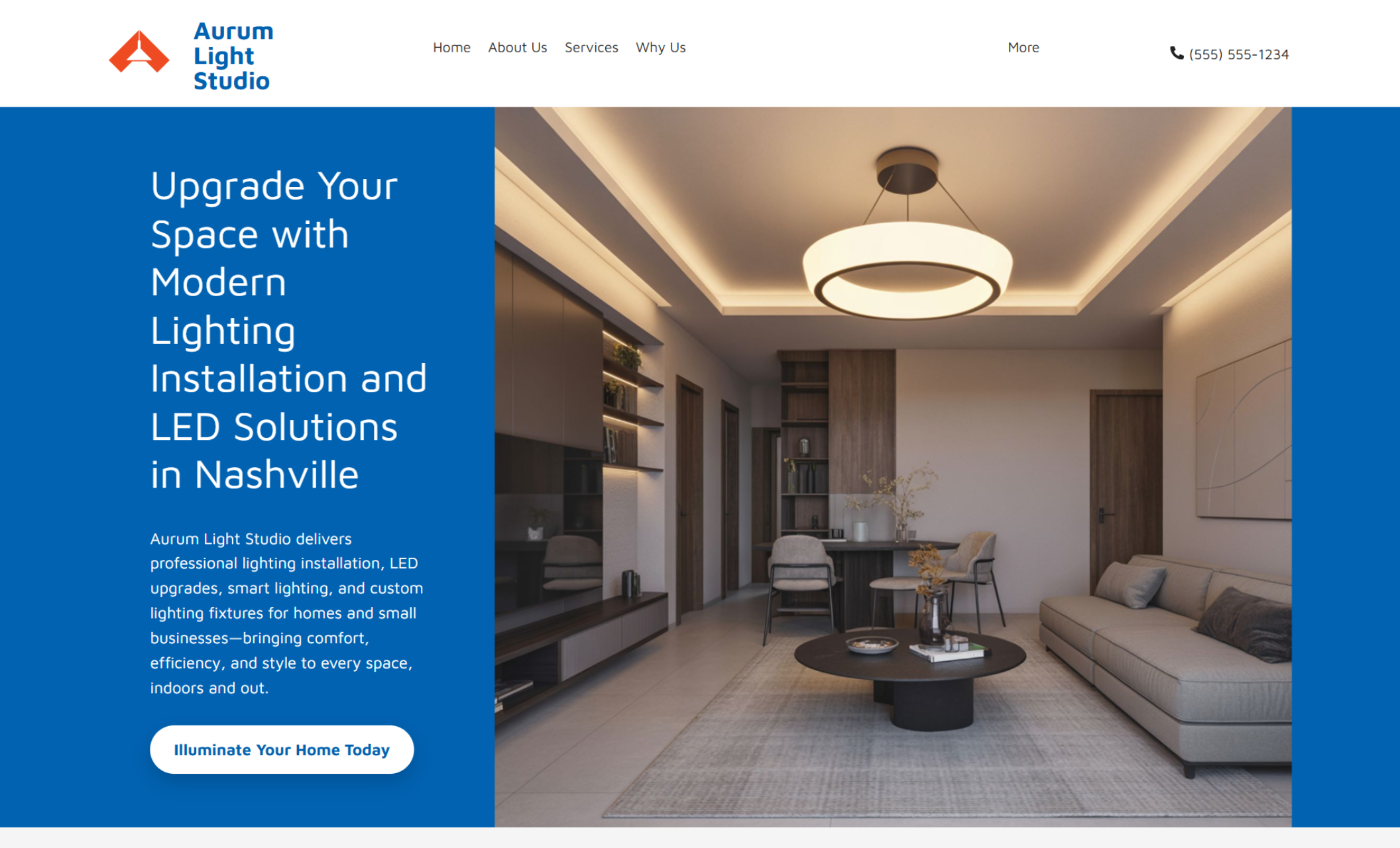 Aurum Light Studio homepage hero section showing a modern living room with recessed ceiling lighting and a large circular fixture, alongside a blue panel with the headline “Upgrade Your Space with Modern Lighting Installation and LED Solutions in Nashville” and a call-to-action button