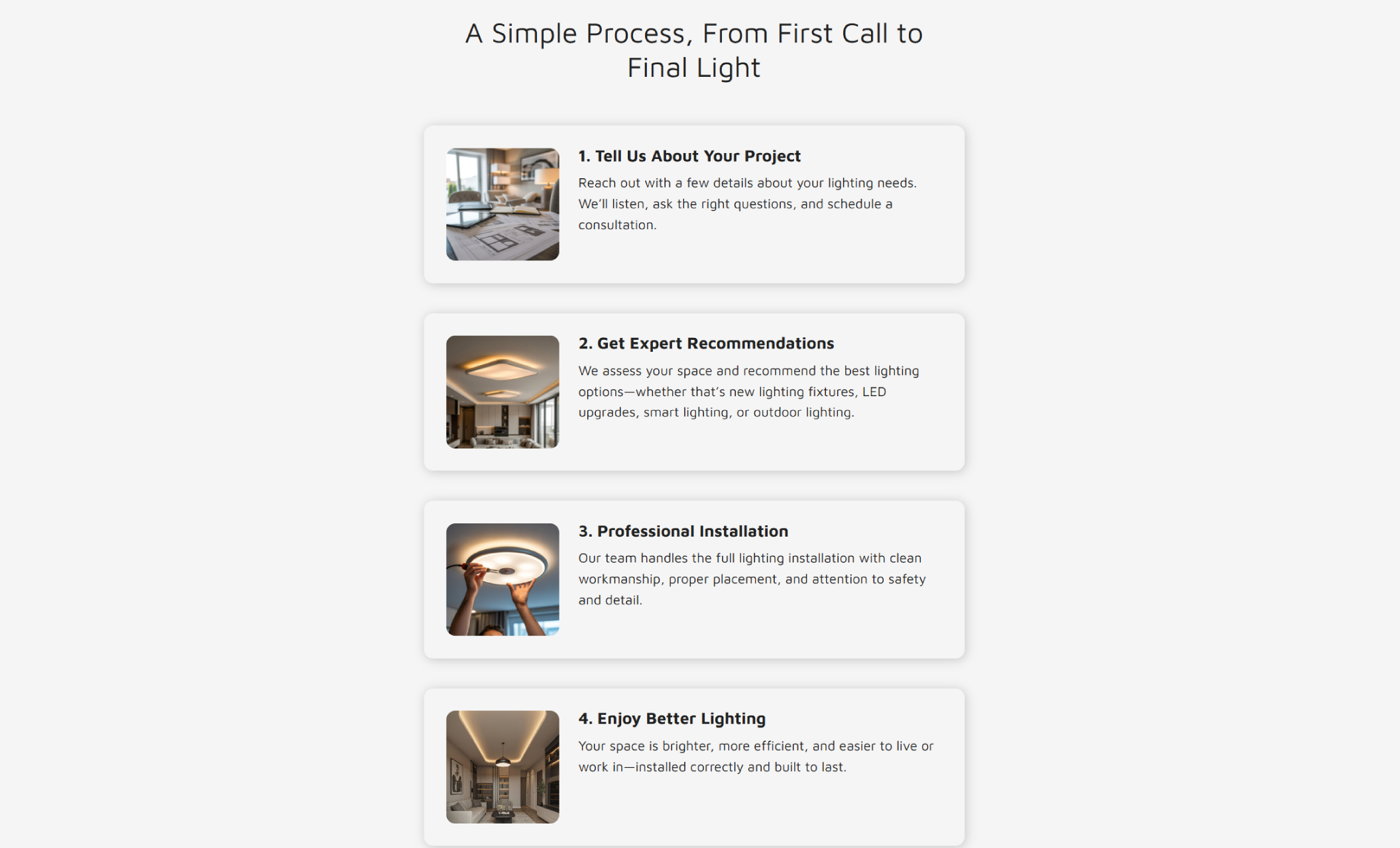 Aurum Light Studio process section titled “A Simple Process, From First Call to Final Light,” showing four illustrated steps with images and text explaining consultation, recommendations, professional installation, and enjoying improved lighting