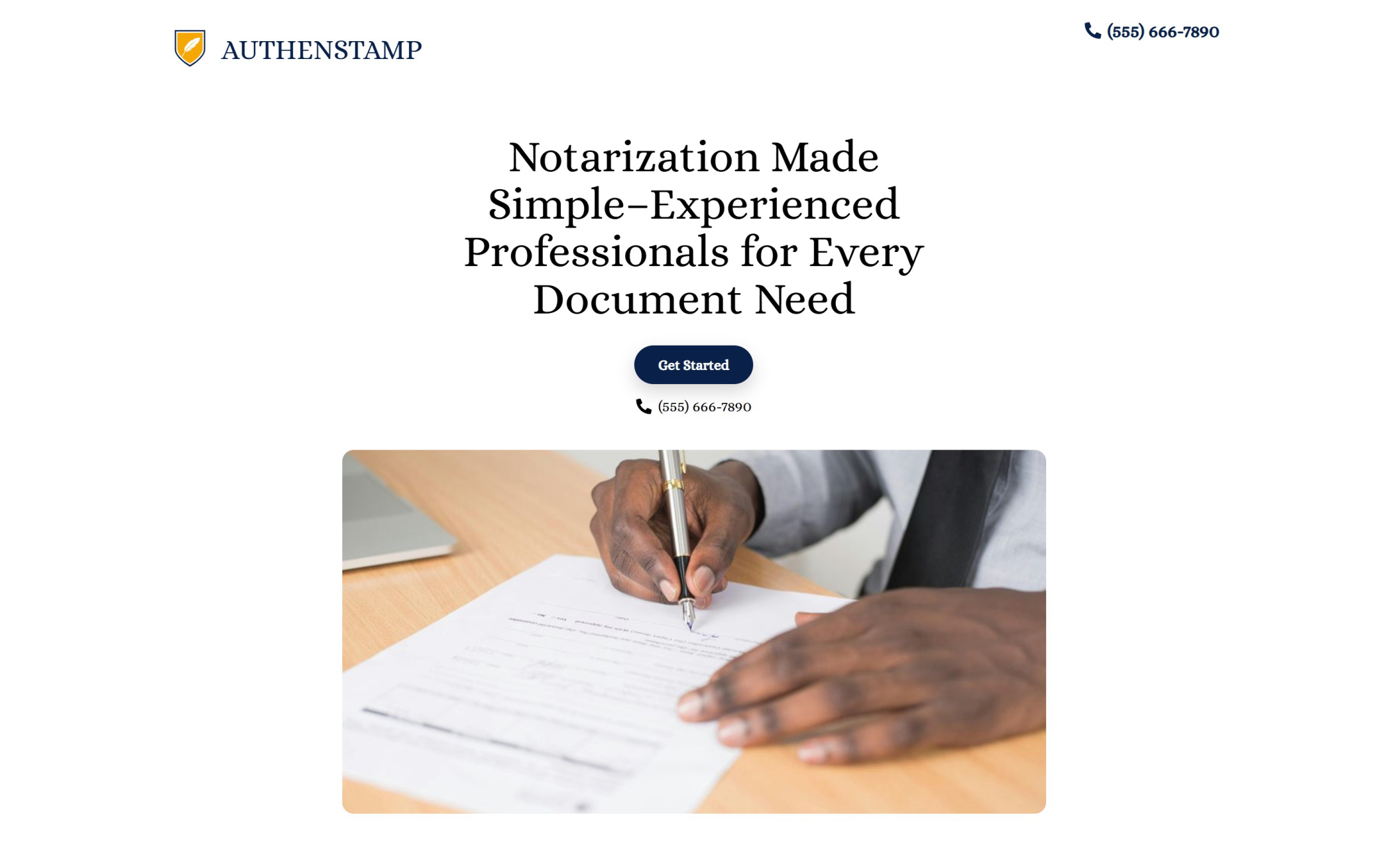 AuthenStamp landing page with the tagline "Notarization Made Simple" displayed above an image of a document signing