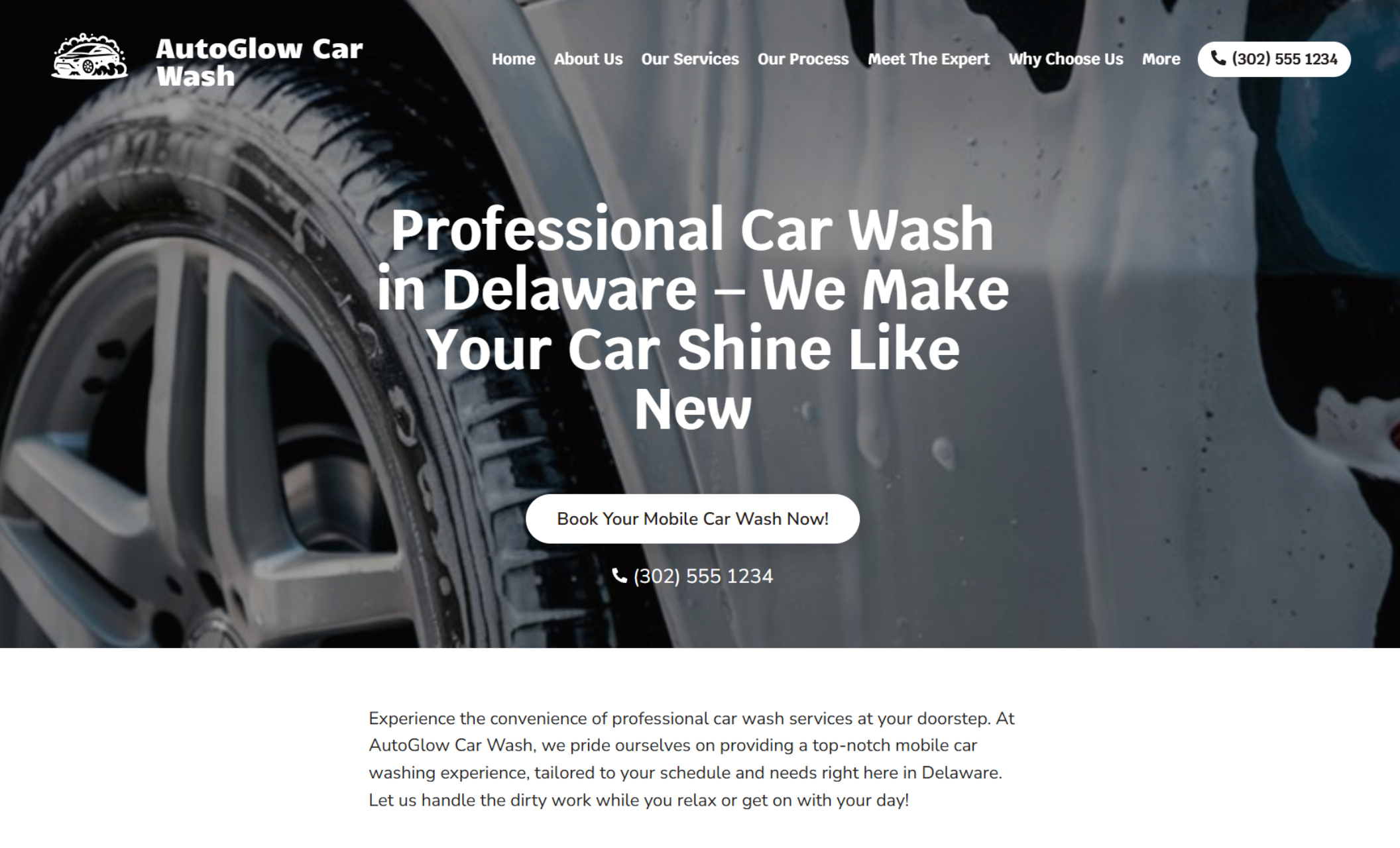 Homepage of AutoGlow Car Wash featuring a close-up of a wet tire with soap suds and the bold headline “Professional Car Wash in Delaware – We Make Your Car Shine Like New,” along with a booking button and phone number