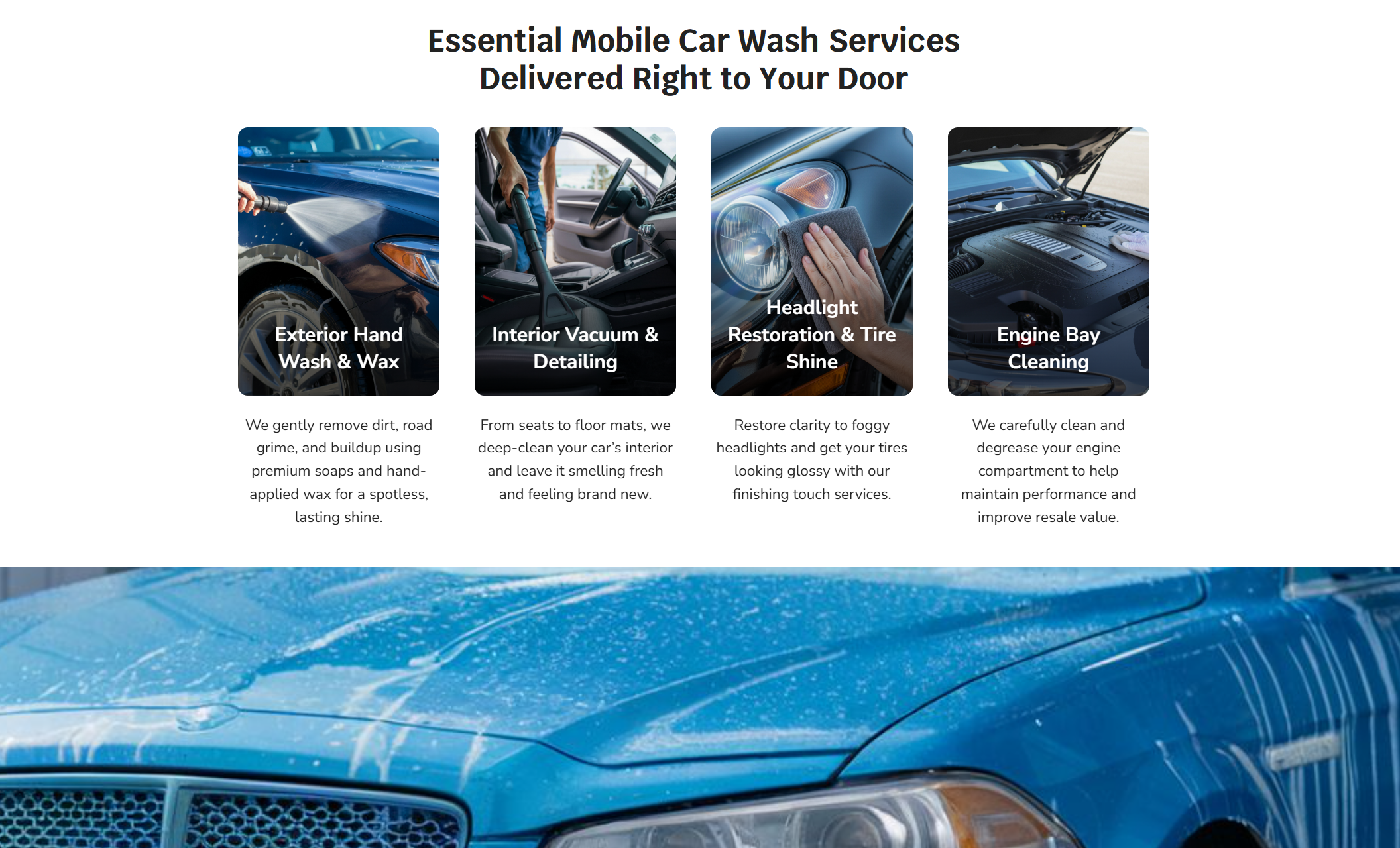 Service highlight section of AutoGlow Car Wash showcasing four service tiles — hand wash, interior vacuuming, headlight restoration, and engine bay cleaning — beneath the heading “Essential Mobile Car Wash Services Delivered Right to Your Door.”