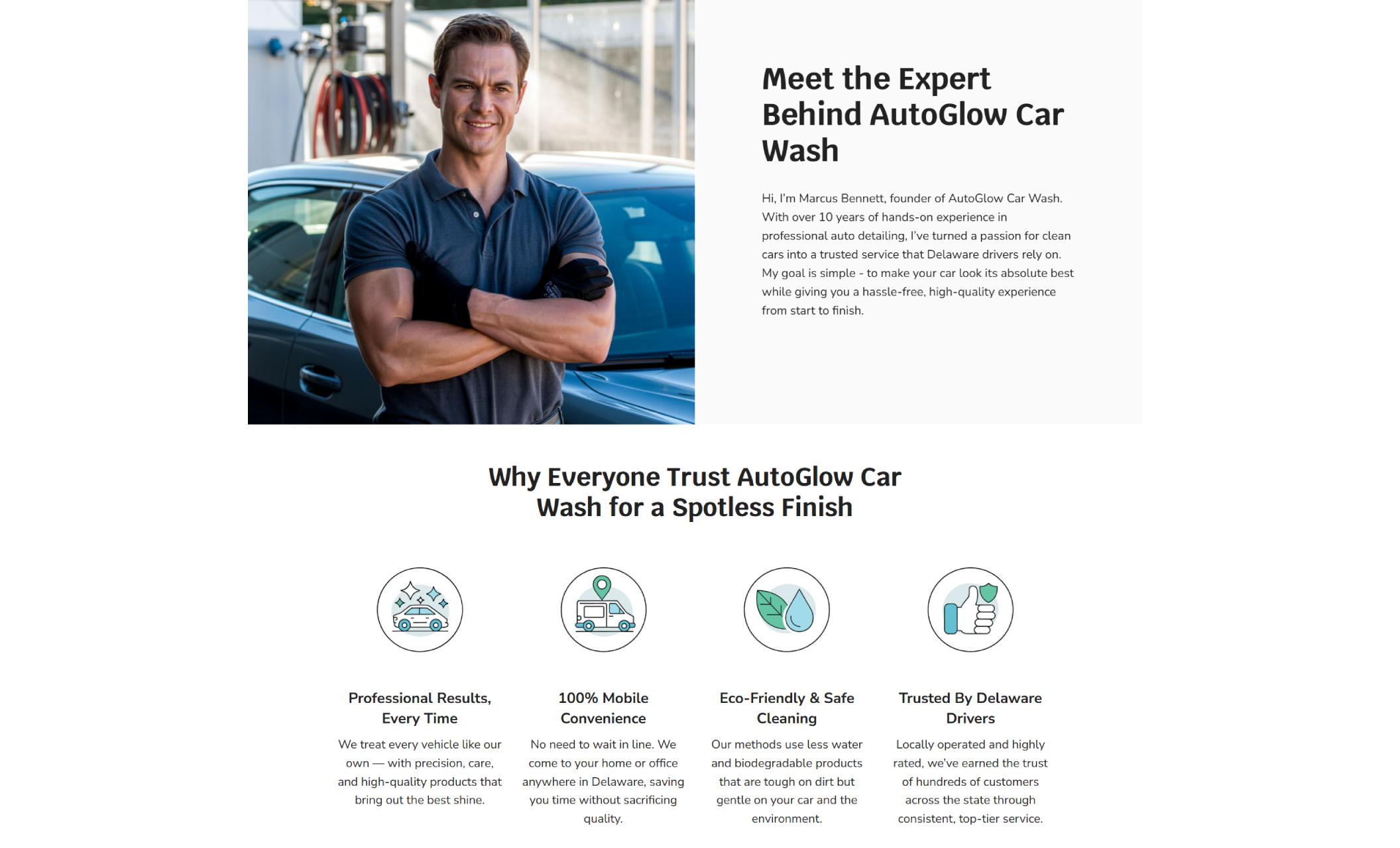 About section of AutoGlow Car Wash introducing founder Marcus Bennett standing confidently in front of a clean car beside a welcome message, followed by a four-icon breakdown explaining the brand’s commitment to quality, convenience, eco-friendly products, and local trust