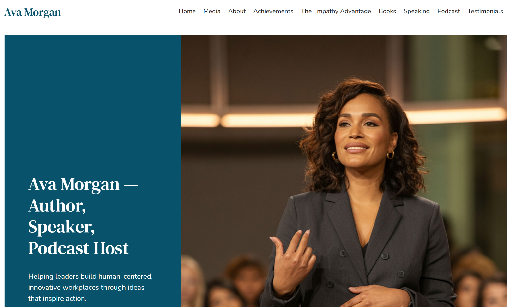 Ava Morgan homepage featuring a confident speaker gesturing mid-presentation in a dark blazer, beside a teal sidebar introducing her as an author, speaker, and podcast host with a mission to inspire human-centered workplaces