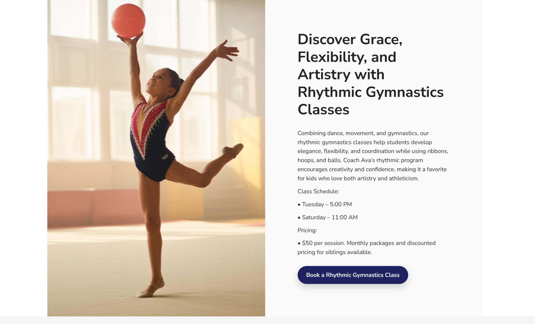 Ava’s Gymnastics Coaching rhythmic gymnastics class service section showing a young girl in a leotard performing with a ball beside the headline “Discover Grace, Flexibility, and Artistry with Rhythmic Gymnastics Classes” and a button labeled “Book a Rhythmic Gymnastics Class.”