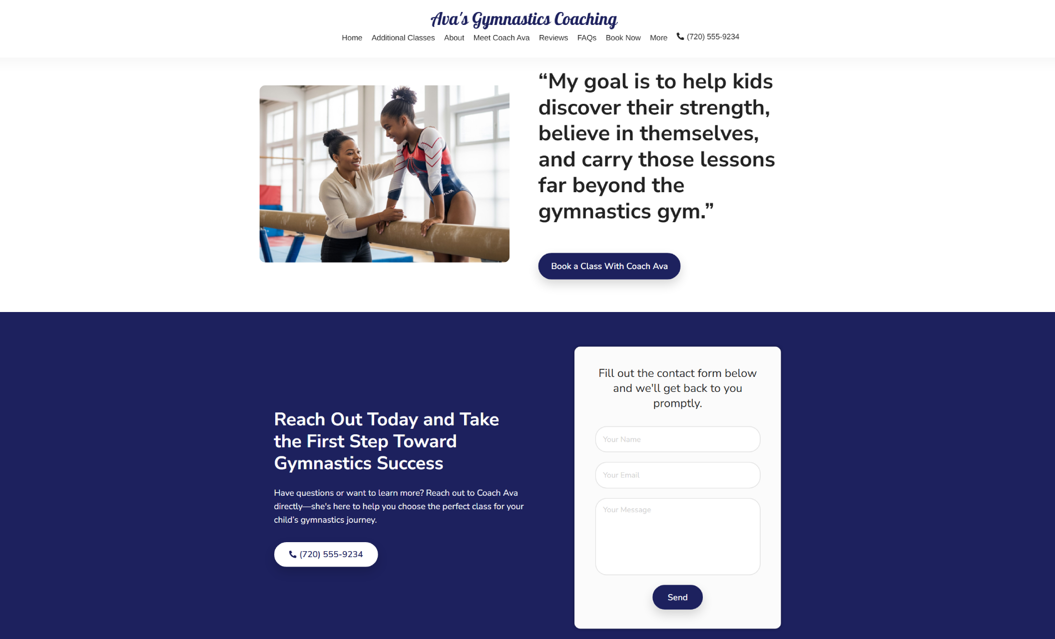 Ava’s Gymnastics Coaching contact section featuring Coach Ava assisting a young gymnast on the balance beam beside the quote “My goal is to help kids discover their strength, believe in themselves, and carry those lessons far beyond the gymnastics gym,” with a button that says “Book a Class With Coach Ava.”