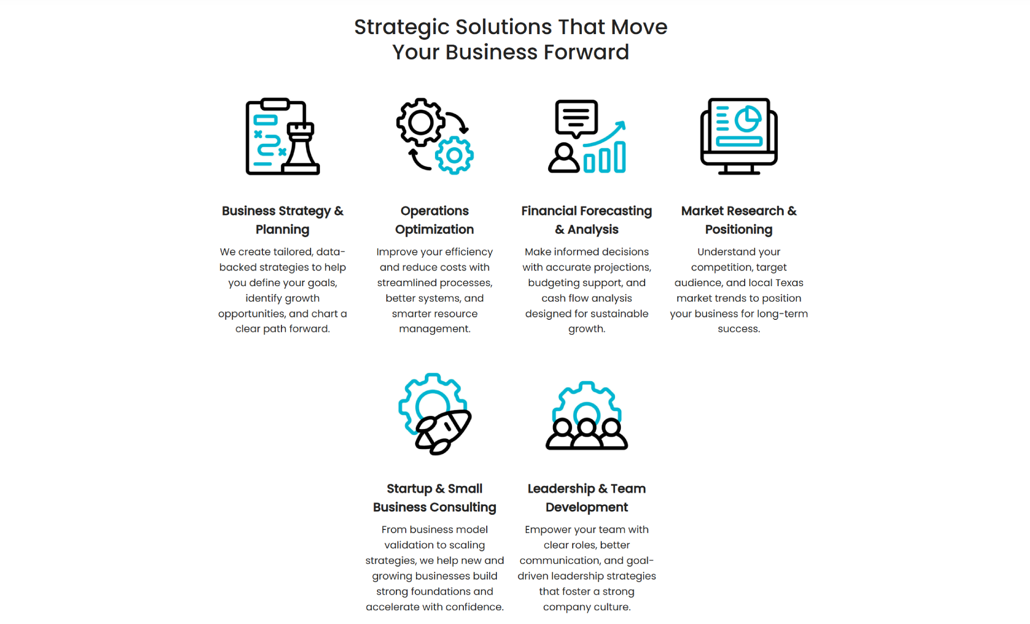 Axion Bridge services section titled “Strategic Solutions That Move Your Business Forward,” displaying six icons with bold headings like “Operations Optimization” and “Leadership & Team Development,” each paired with a one-line benefit-driven description