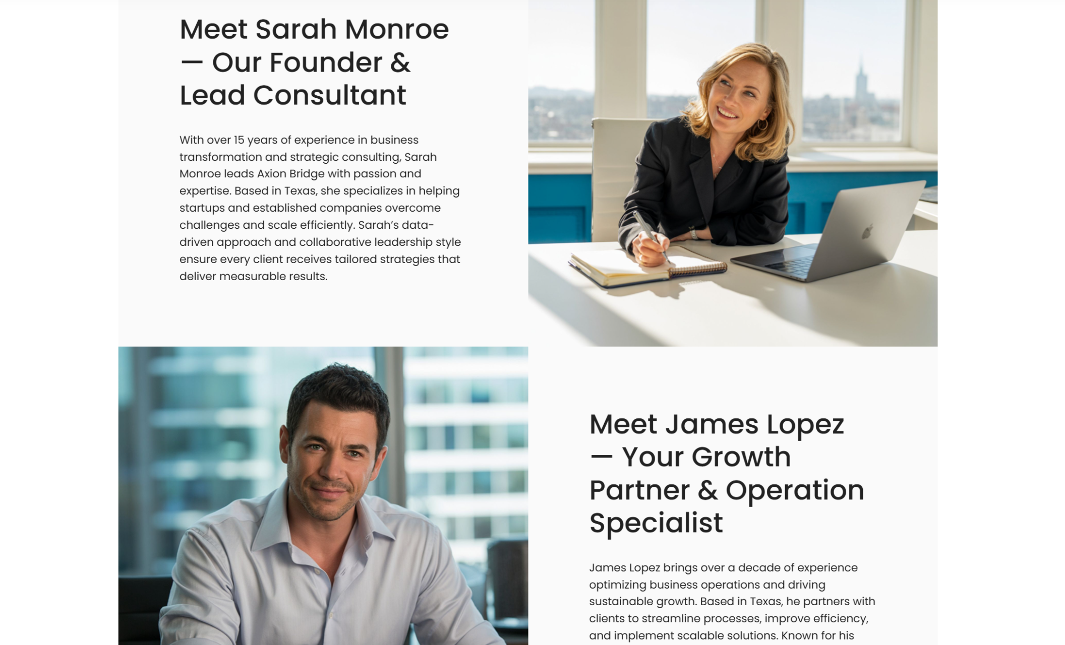 Two-person team section introducing Sarah Monroe and James Lopez, shown with professional portraits; Sarah is smiling at a desk with a laptop and notebook, while James is seated in a bright office, looking confident in a pale blue shirt under the headline “Your Growth Partner & Operation Specialist”