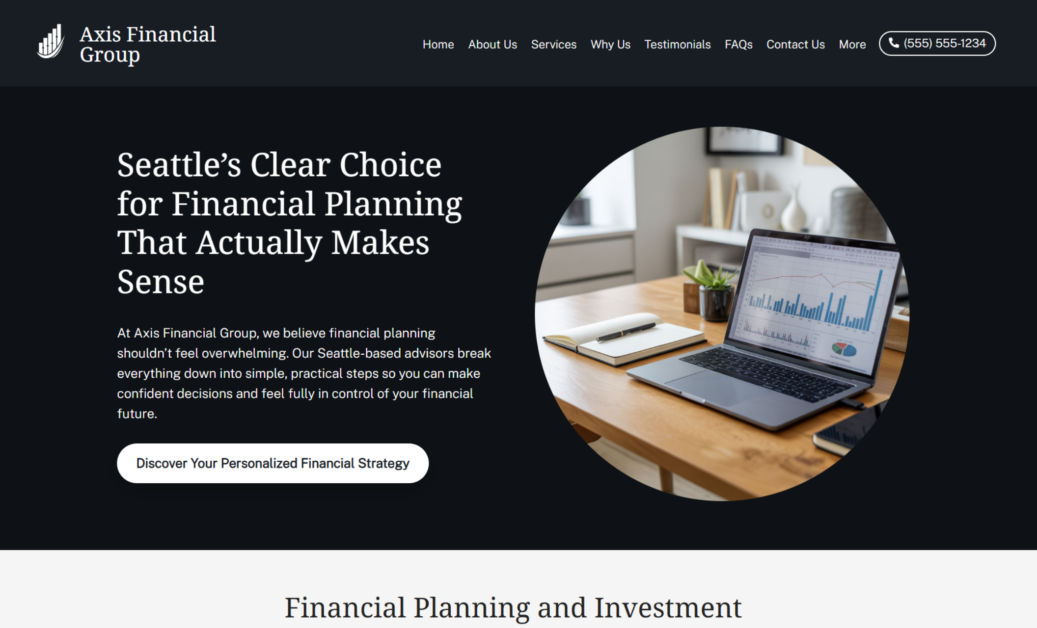 Axis Financial Group homepage hero displaying the headline “Seattle’s Clear Choice for Financial Planning That Actually Makes Sense,” a call-to-action button, and a circular image of a laptop showing financial charts on a tidy desk