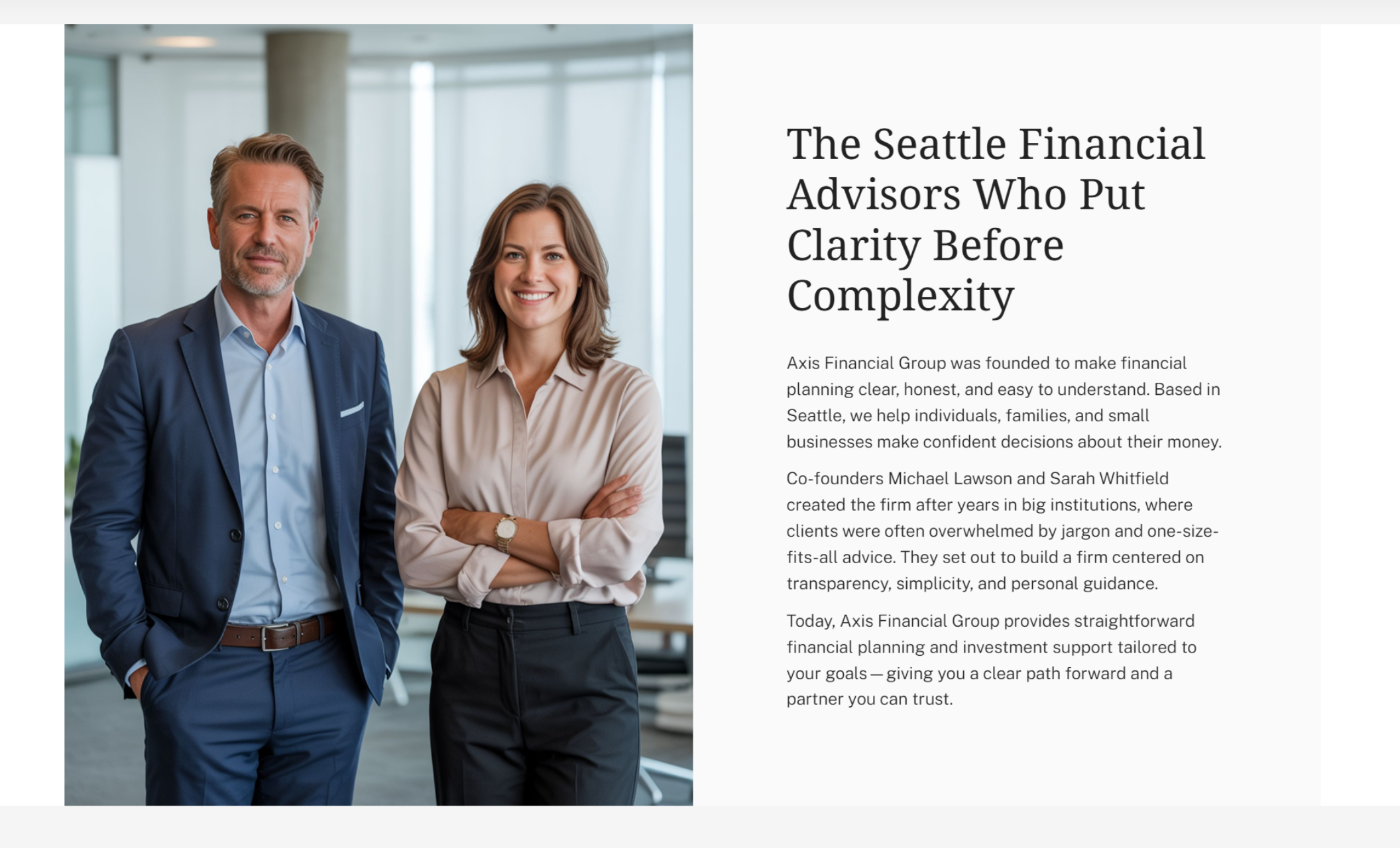 Axis Financial Group about section featuring two professionally dressed advisors standing side by side in a modern office beside the headline “The Seattle Financial Advisors Who Put Clarity Before Complexity.”