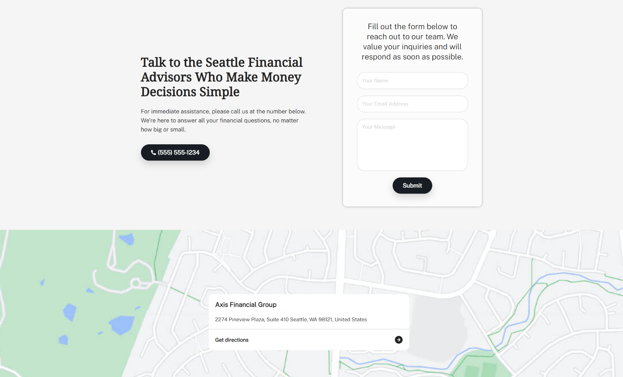Axis Financial Group contact section with the headline “Talk to the Seattle Financial Advisors Who Make Money Decisions Simple,” a phone call button, a contact form, and a map highlighting the firm’s Seattle office location