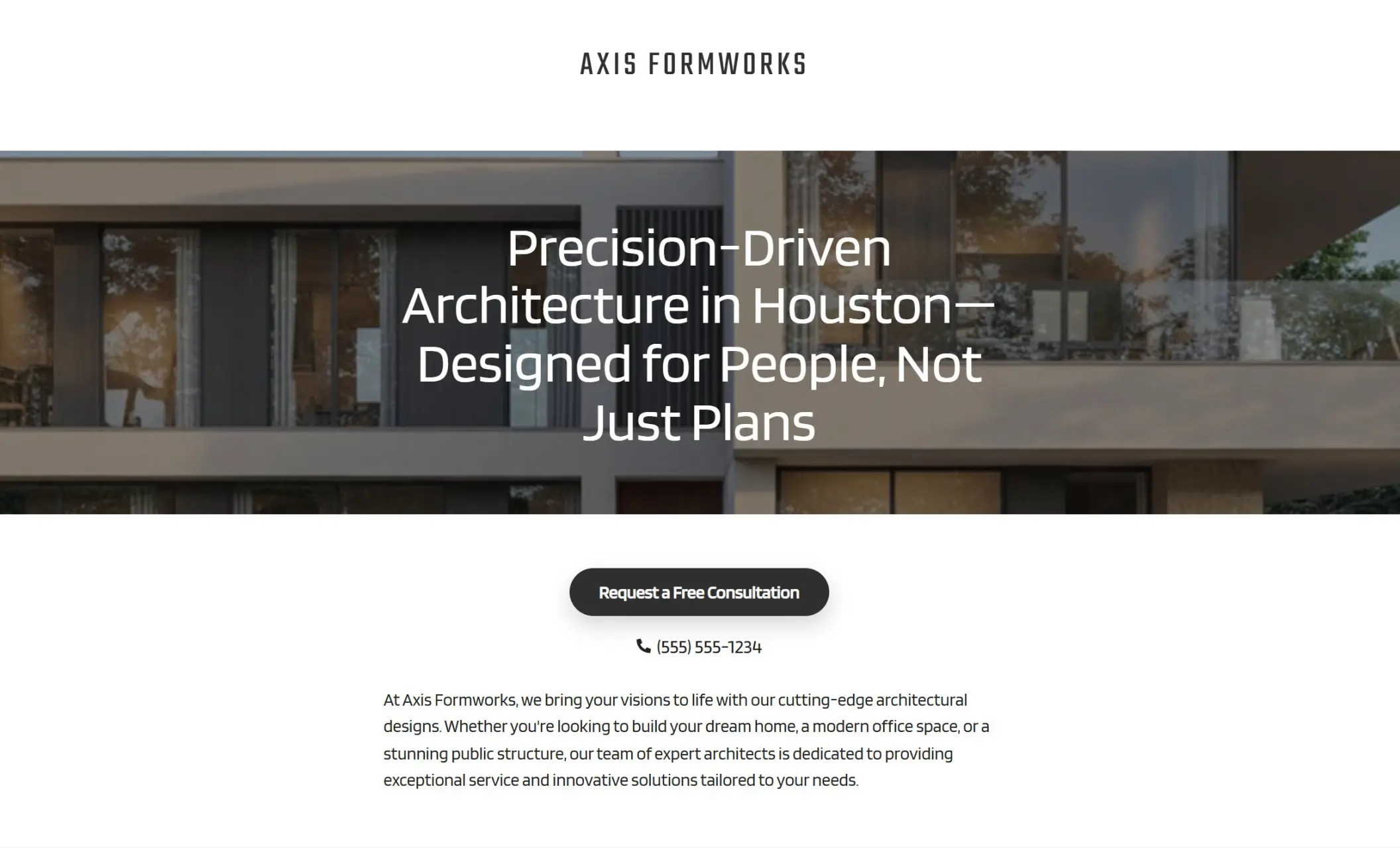 Axis Formworks' homepage featuring the image of a house with large windows, company branding, call-to-action button, and a brief introduction of the company