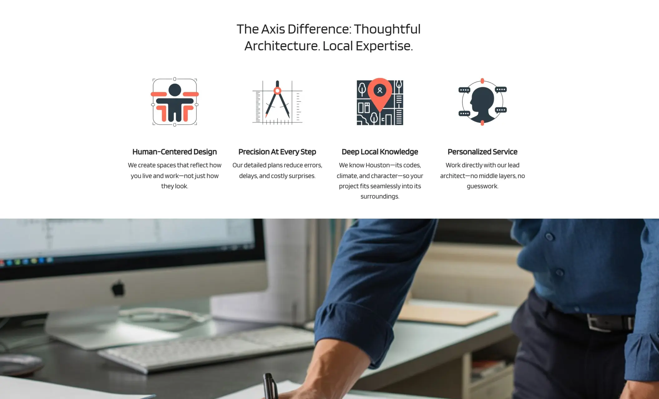 Axis Formworks' website displaying reasons to hire their services and an image of an architect working