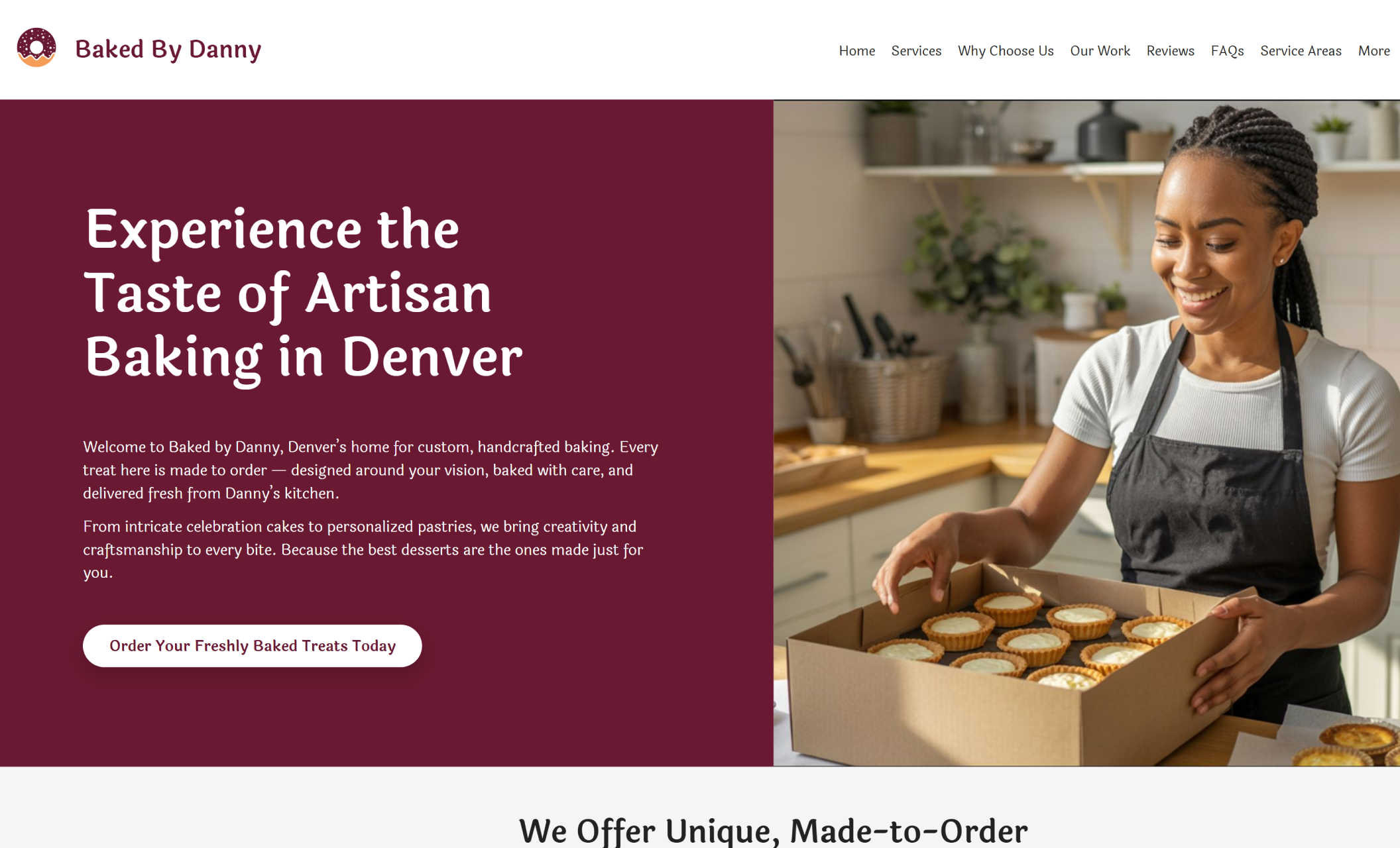 Homepage of Baked by Danny showing a smiling woman in a black apron placing tarts into a bakery box beside the headline “Experience the Taste of Artisan Baking in Denver” and a white button that says “Order Your Freshly Baked Treats Today.”