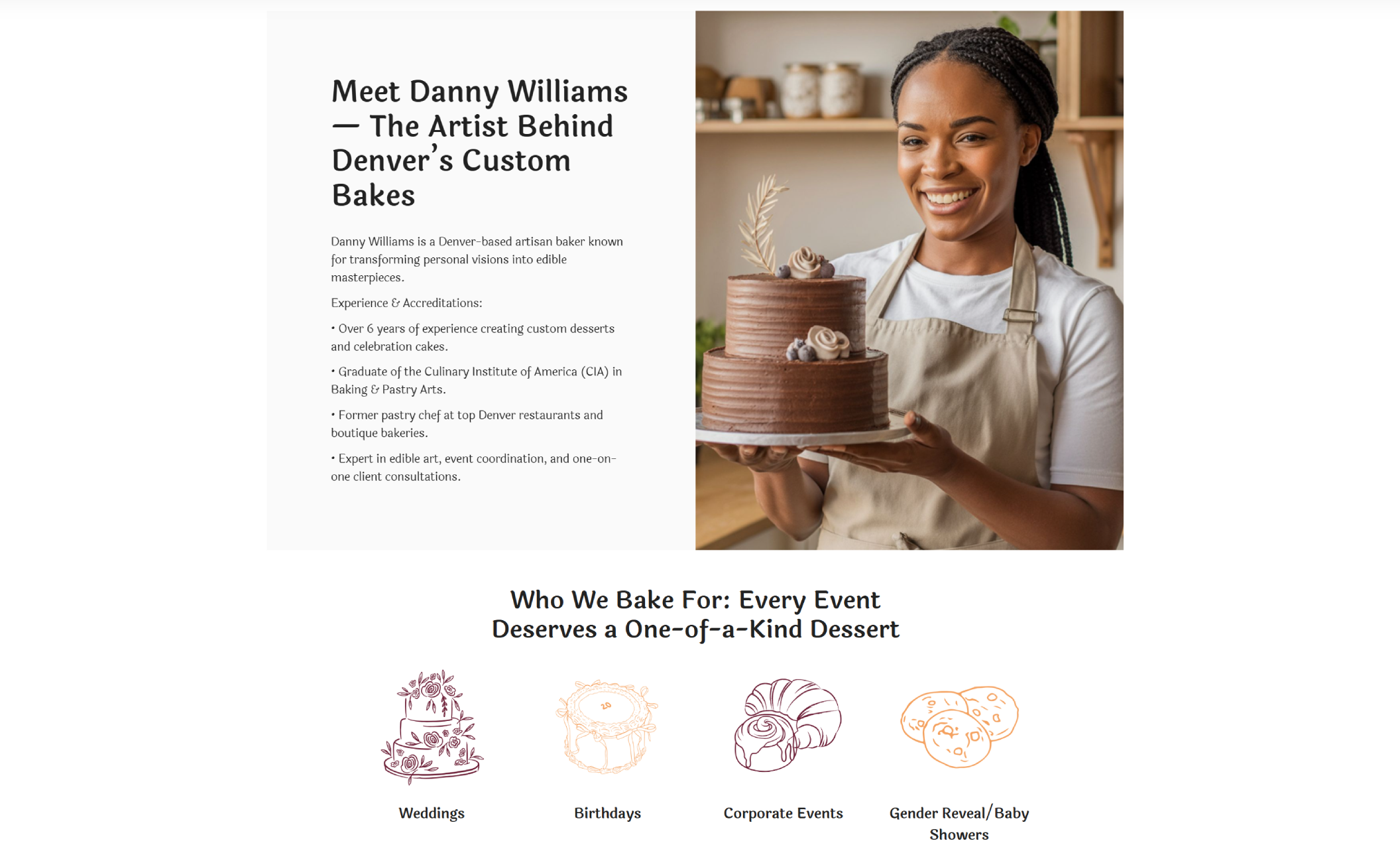 Meet the Baker section of Baked by Danny featuring a portrait of Danny Williams holding a chocolate cake and smiling beside a bio detailing her experience, education, and expertise as an artisan baker in Denver