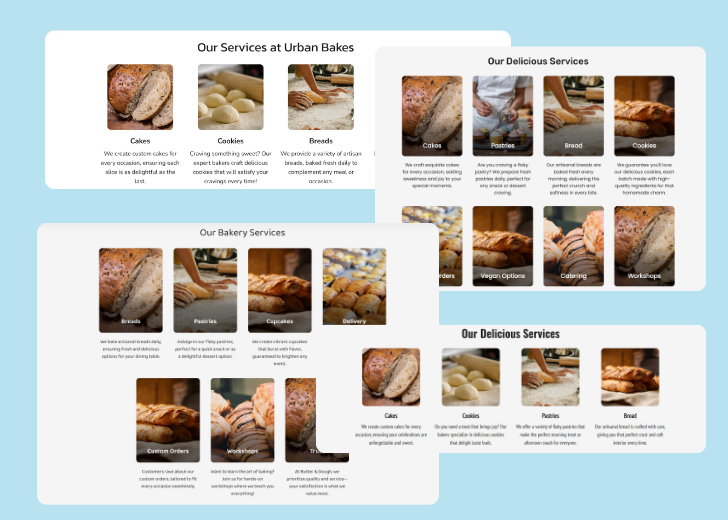 A collage of services section generated by Zarla showing different styles of service items, all having a picture, a title, and a brief description