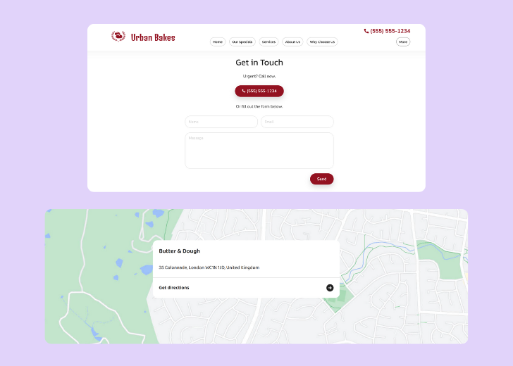 A screenshot of a header with navigation pills with contact number, a blue-colored primary button with contact number, and a 2D depiction of a map with a business address in the center